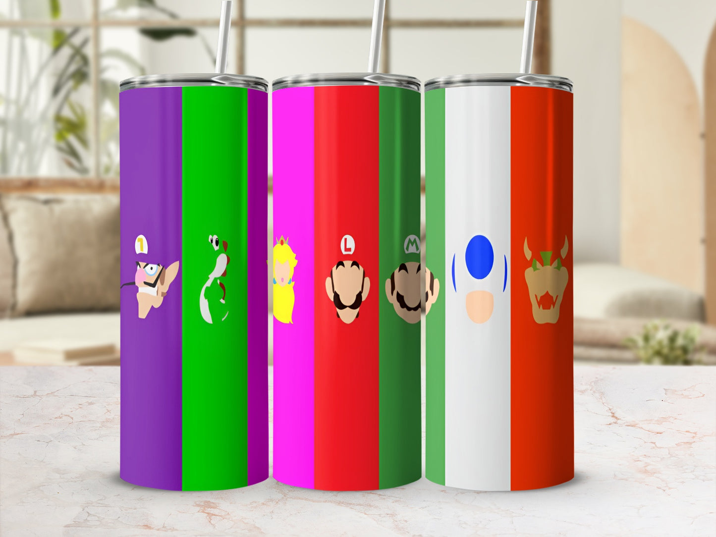 Four tall tumblers with Mario characters: Luigi, Mario, and Toad.