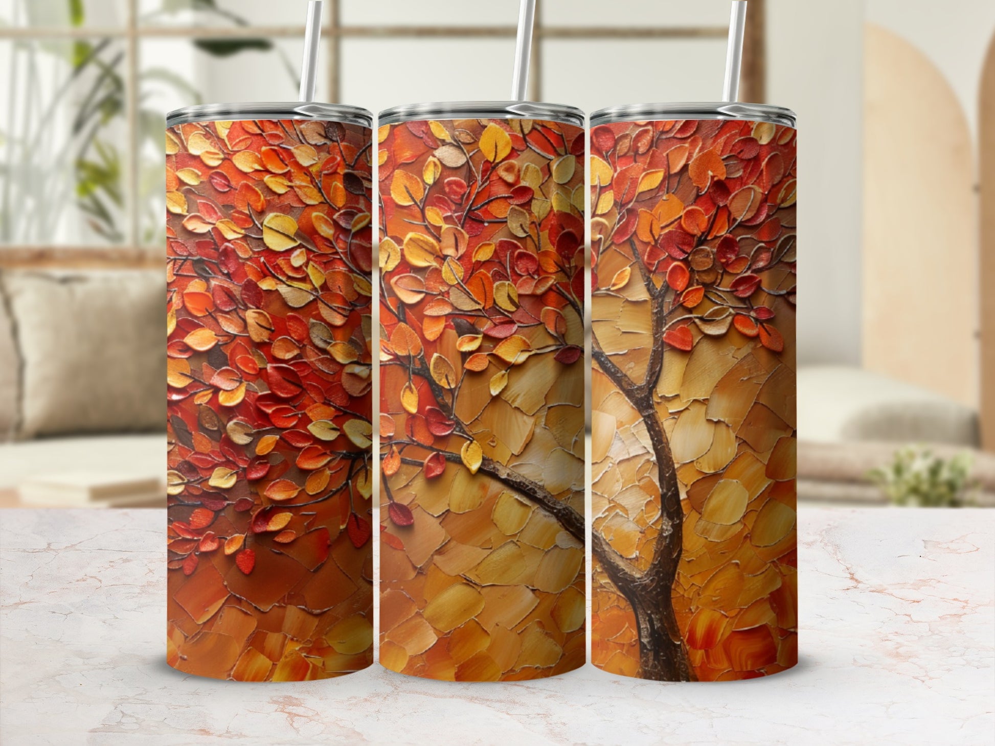Three tumblers with a textured autumn tree design.