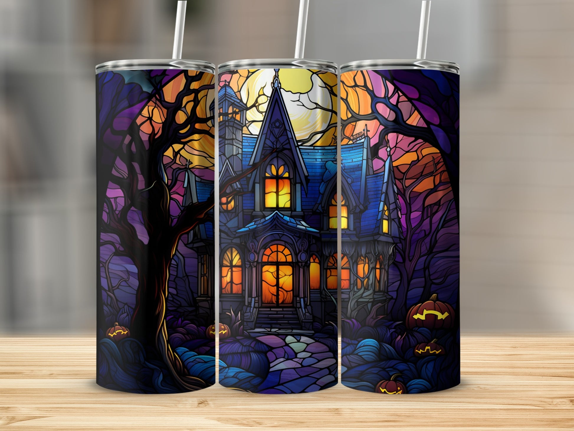 Spooky haunted house with stained glass windows and pumpkins under a full moon.