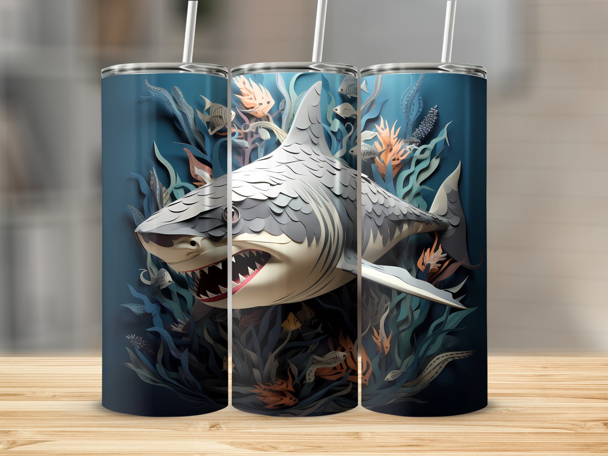 Aggressive Shark Deep Sea Paper Cutout Art Tumbler