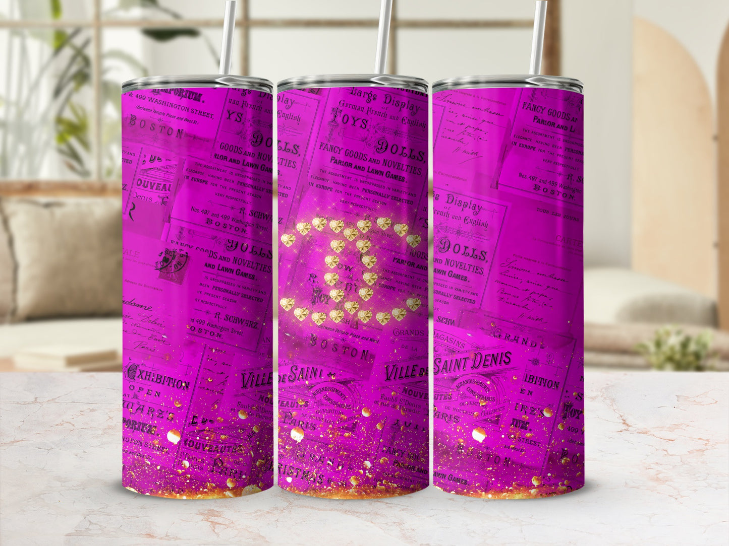 Pink and Gold Text Newsprint Design Tumbler Product