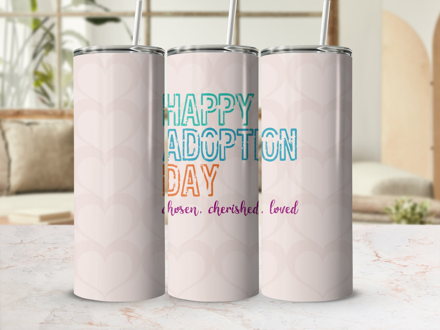 Happy Adoption Day tumbler with hearts, "chosen, cherished, loved".