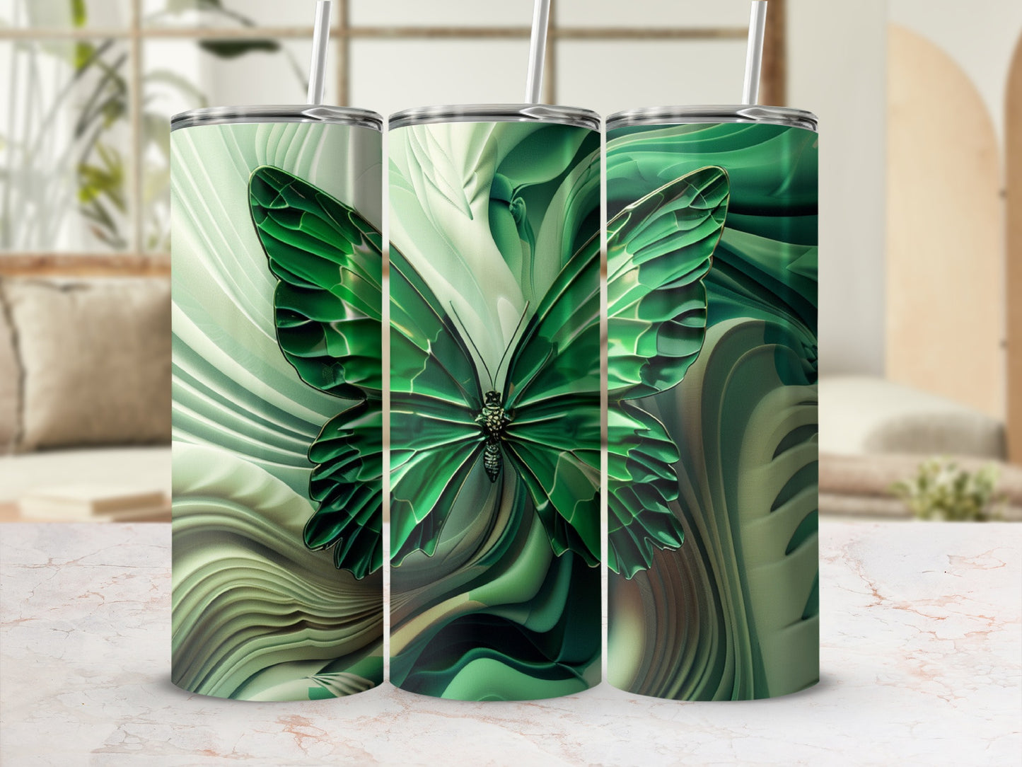 Three tumblers featuring a green butterfly design on a textured background.