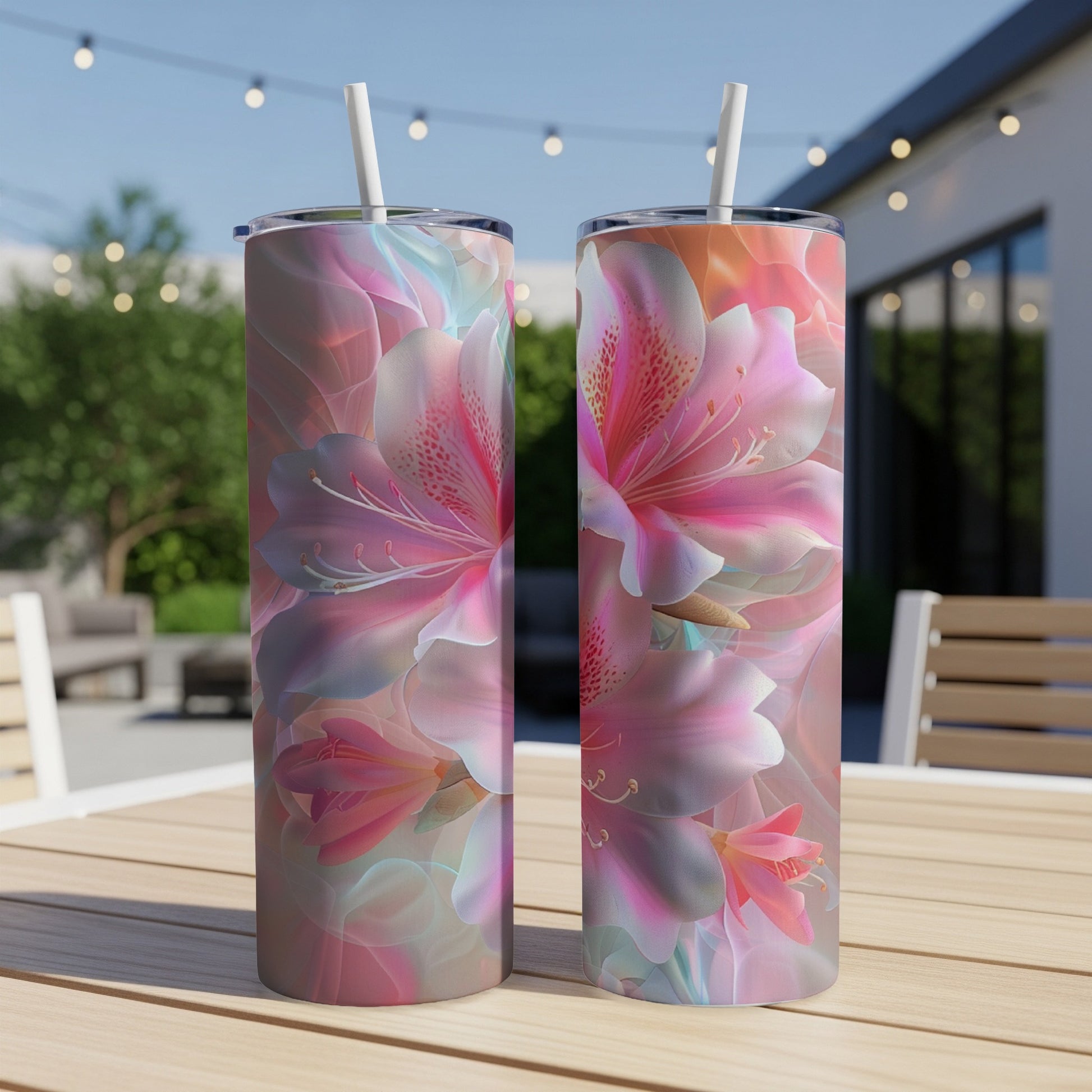 Two tall tumblers with a pink and white floral design sit on a wooden table outdoors.