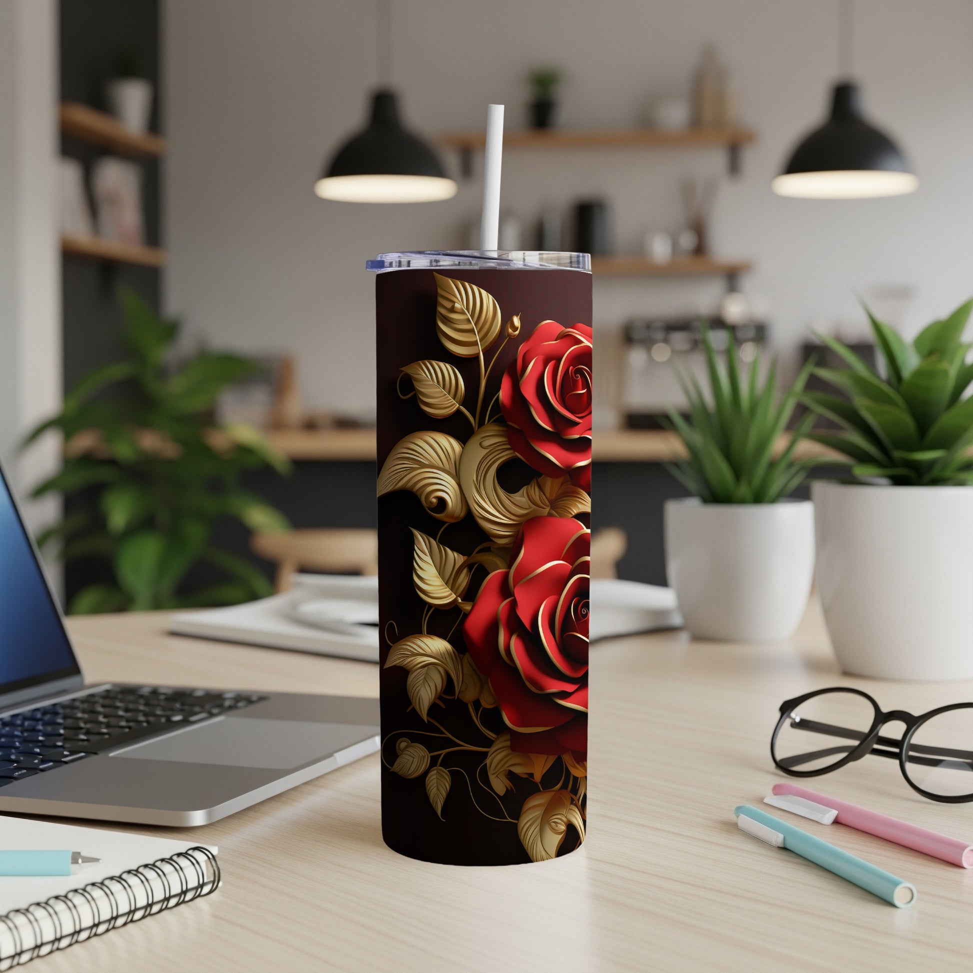 Dark tumbler with red roses and gold leaves design.