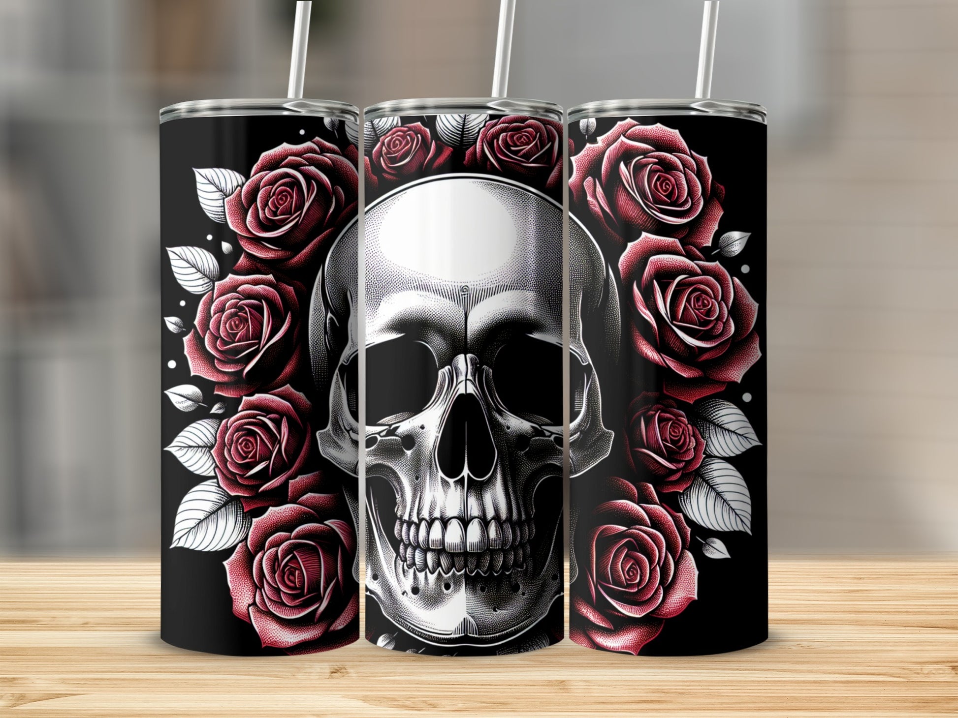 Black tumbler with detailed skull and red roses design.
