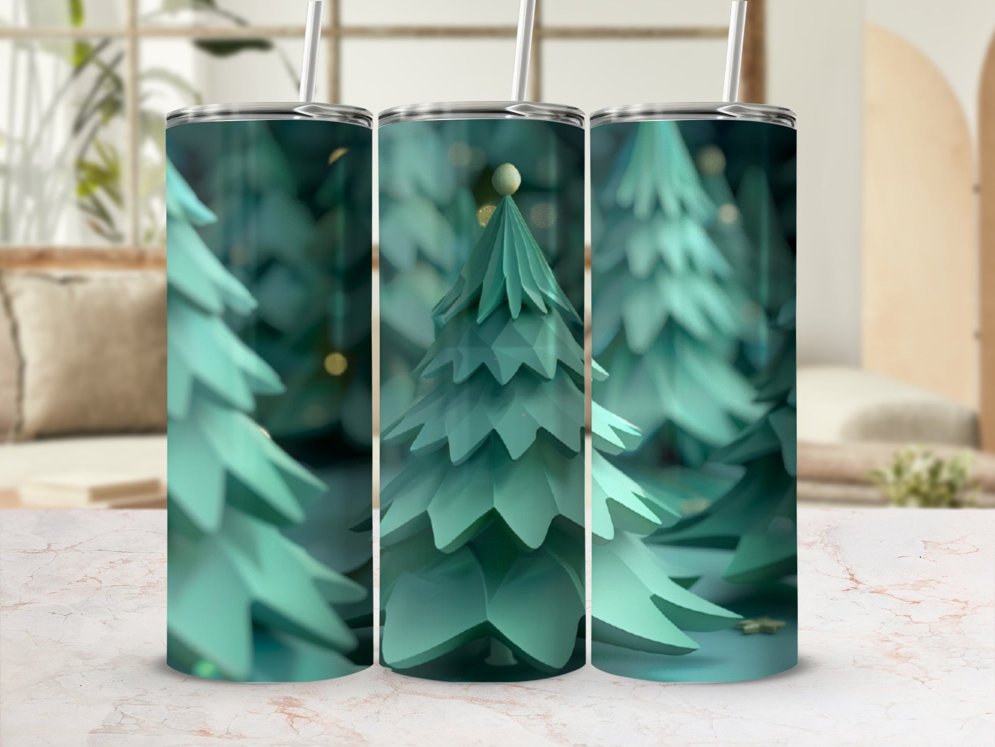 Three tumblers with stylized green Christmas trees and bokeh lights.