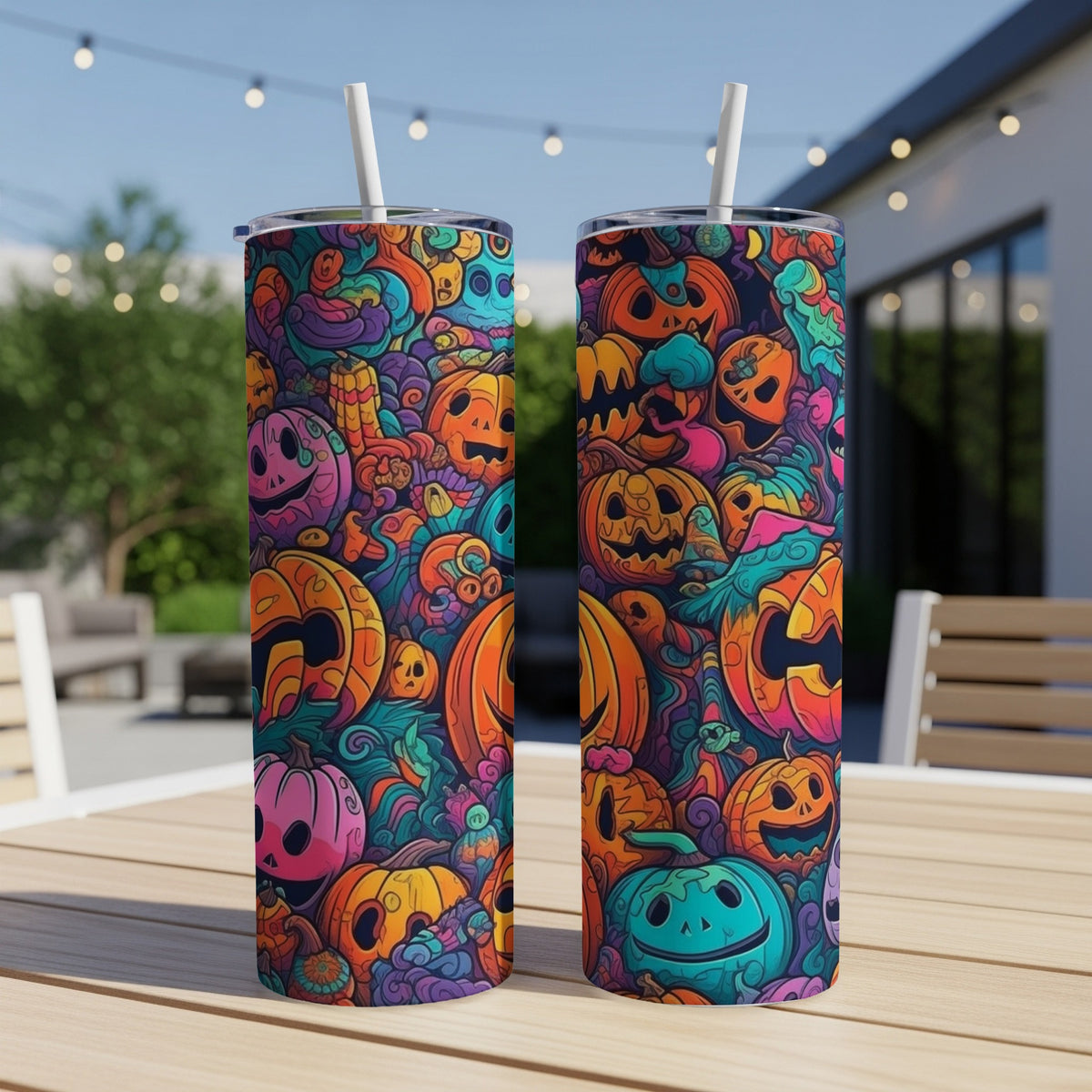 Two tumblers with a colorful, psychedelic Halloween pumpkin and ghost pattern.