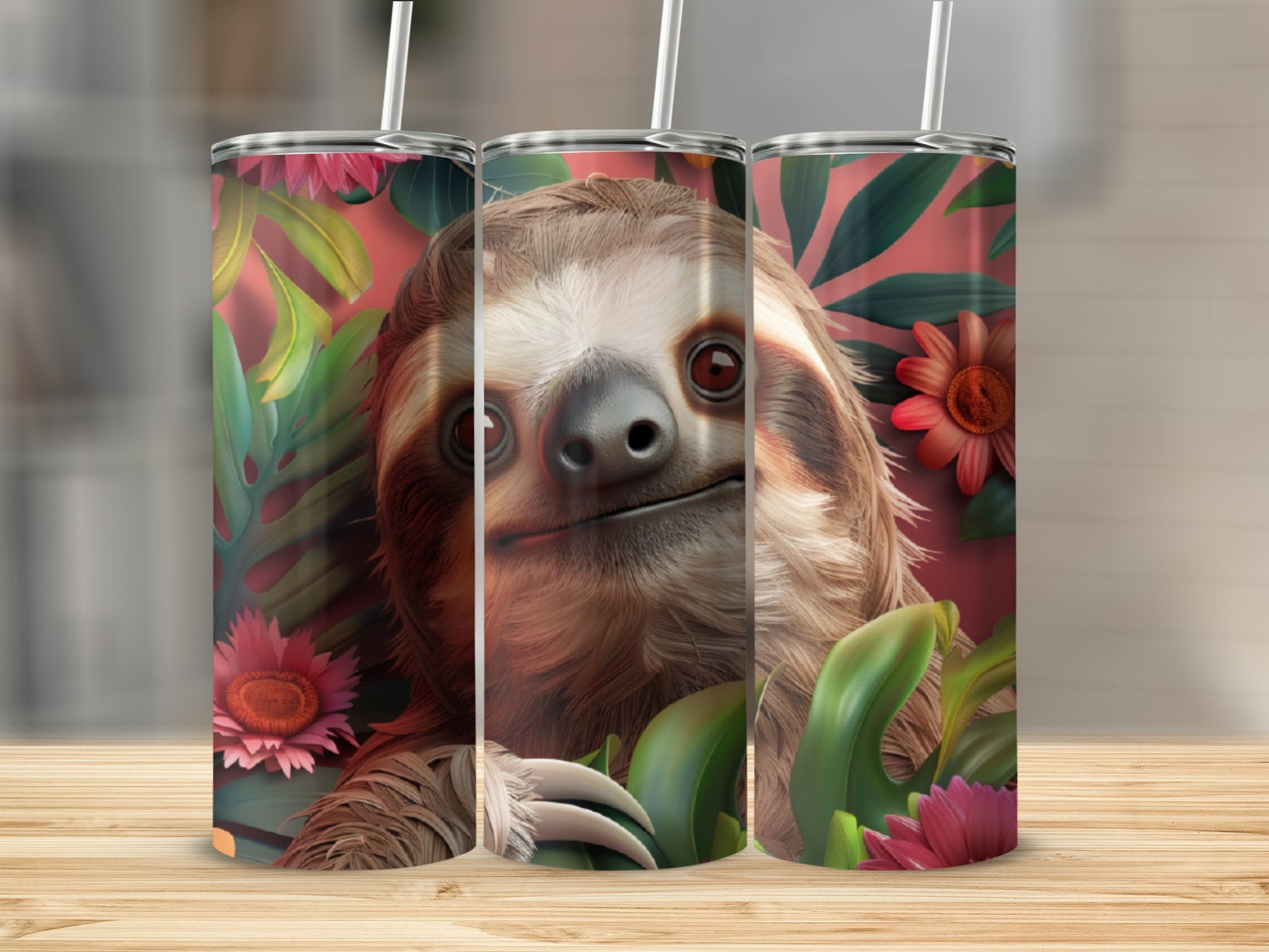 Three tumblers featuring a realistic sloth portrait surrounded by tropical leaves and pink flowers.
