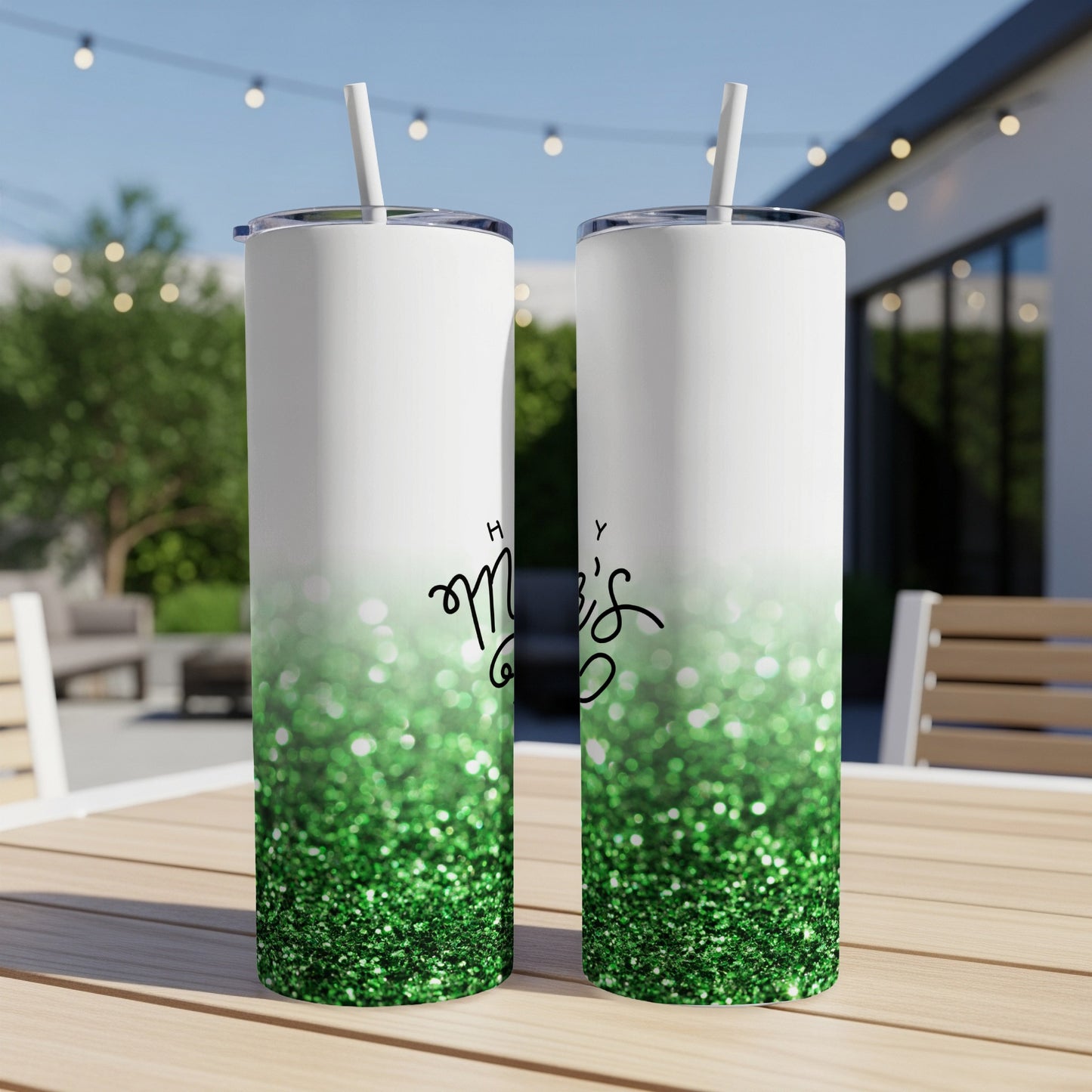 Two tumblers with green glitter design and "Happy Mother's Day" text.