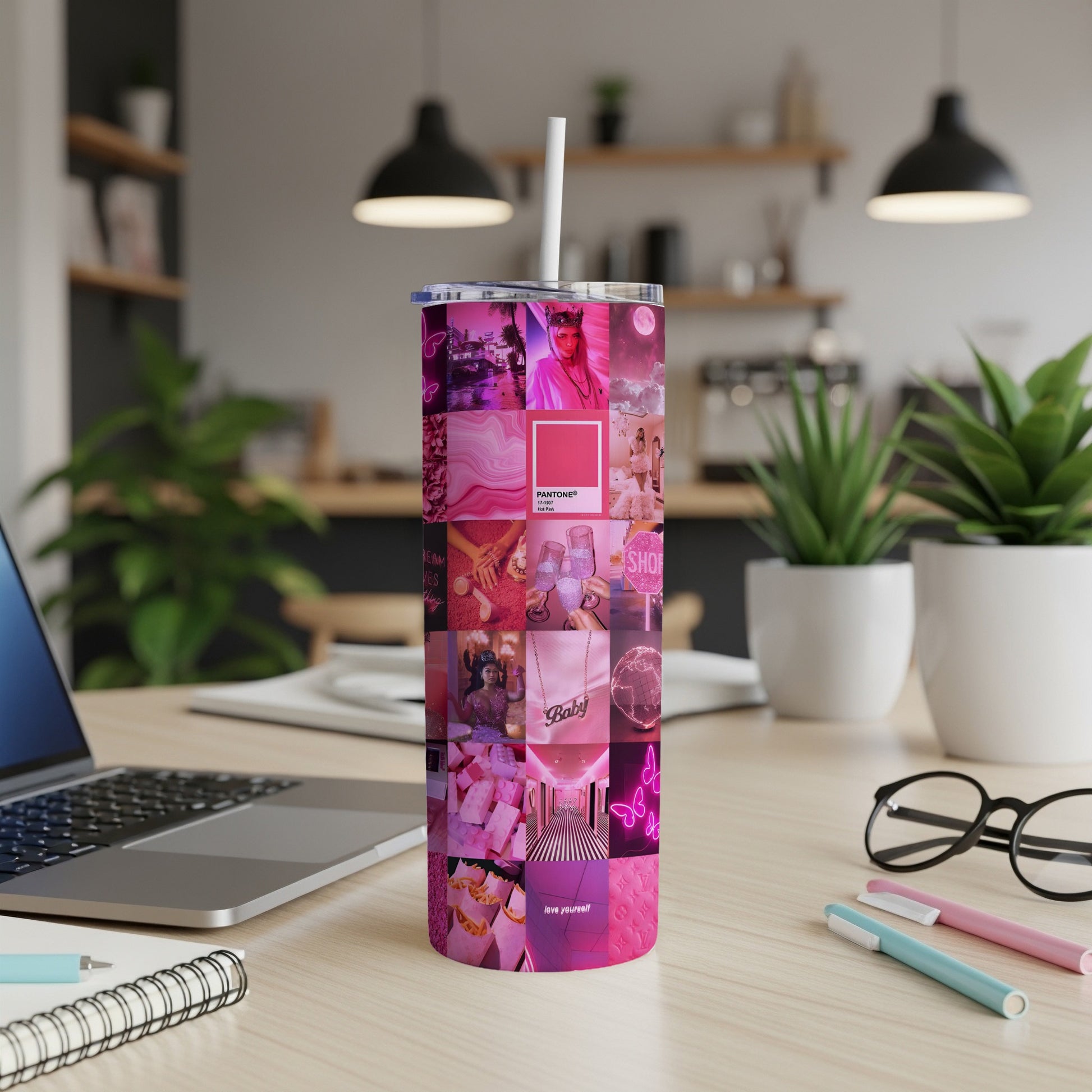 Collage of pink aesthetic items on a tumbler with a straw.