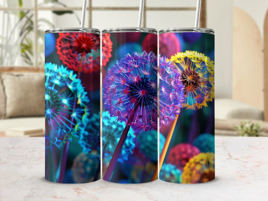 Three tumblers with vibrant, glowing dandelion designs.