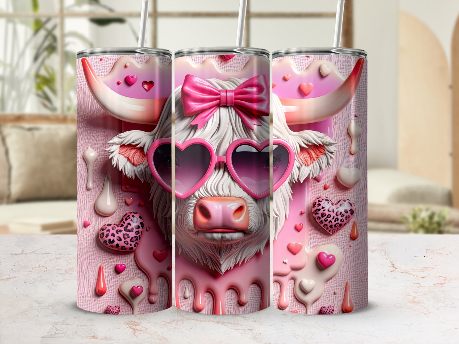 Pink Highland cow with heart sunglasses and bow on tumbler.
