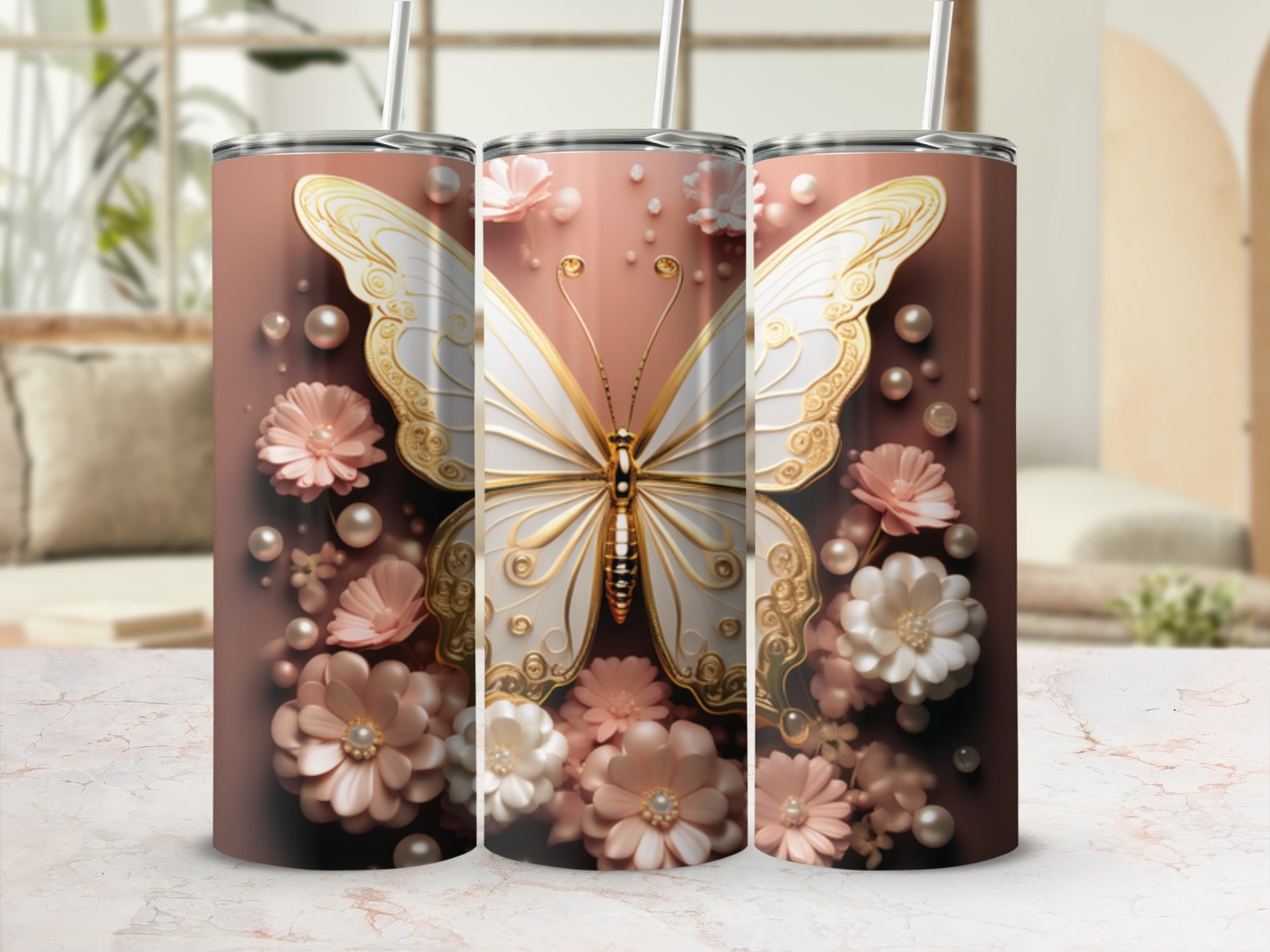 Stainless steel tumbler with a white butterfly and pink flowers design.