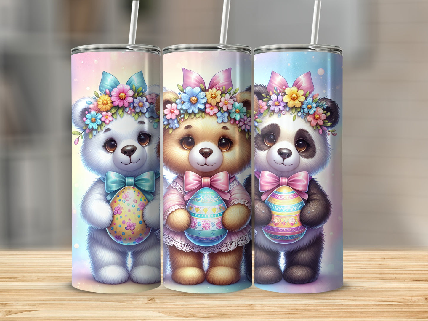Three smiling teddy bears in floral crowns hold decorated Easter eggs.