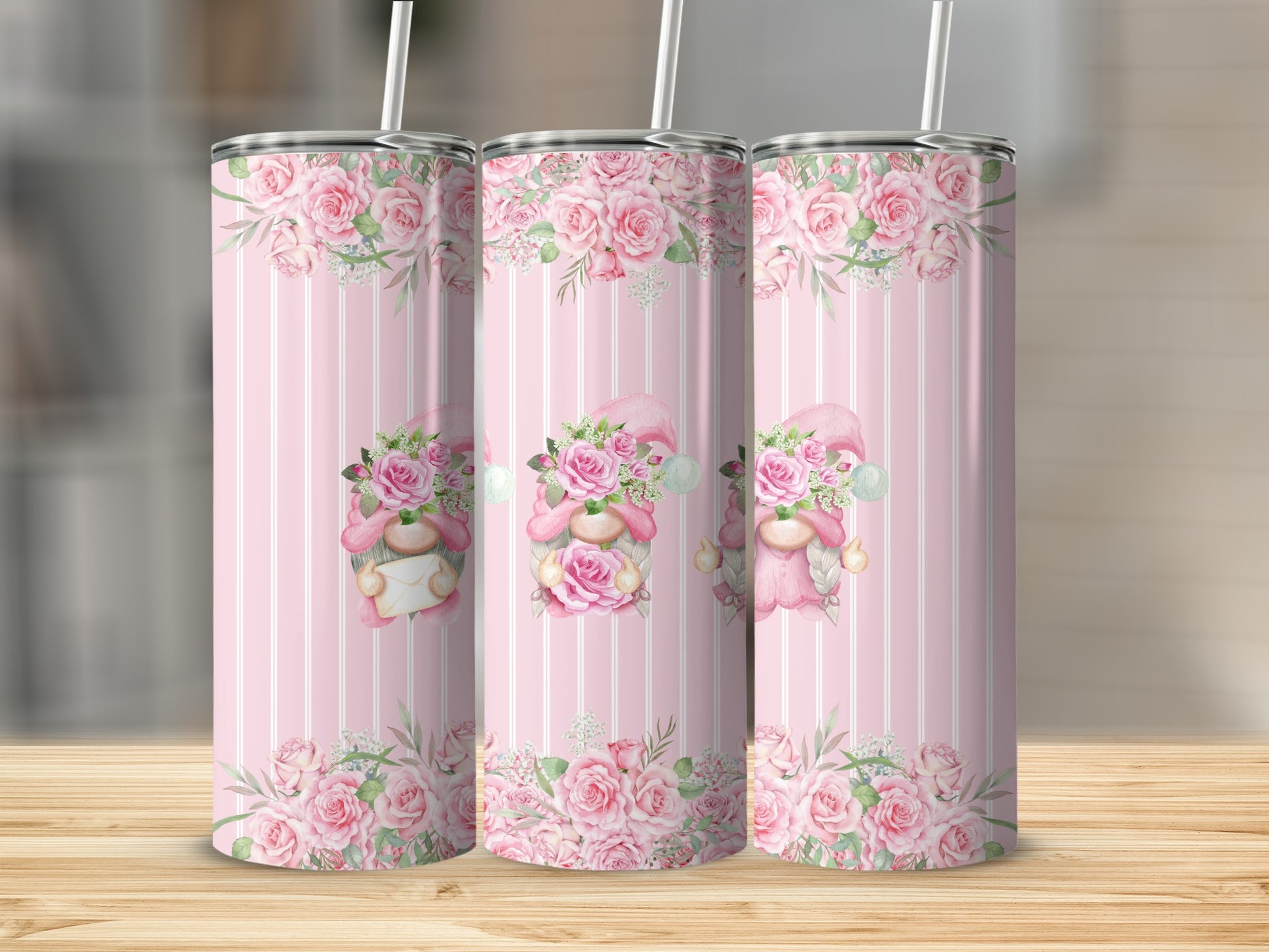 Pink Floral Bunny Striped Double-Wall Tumbler