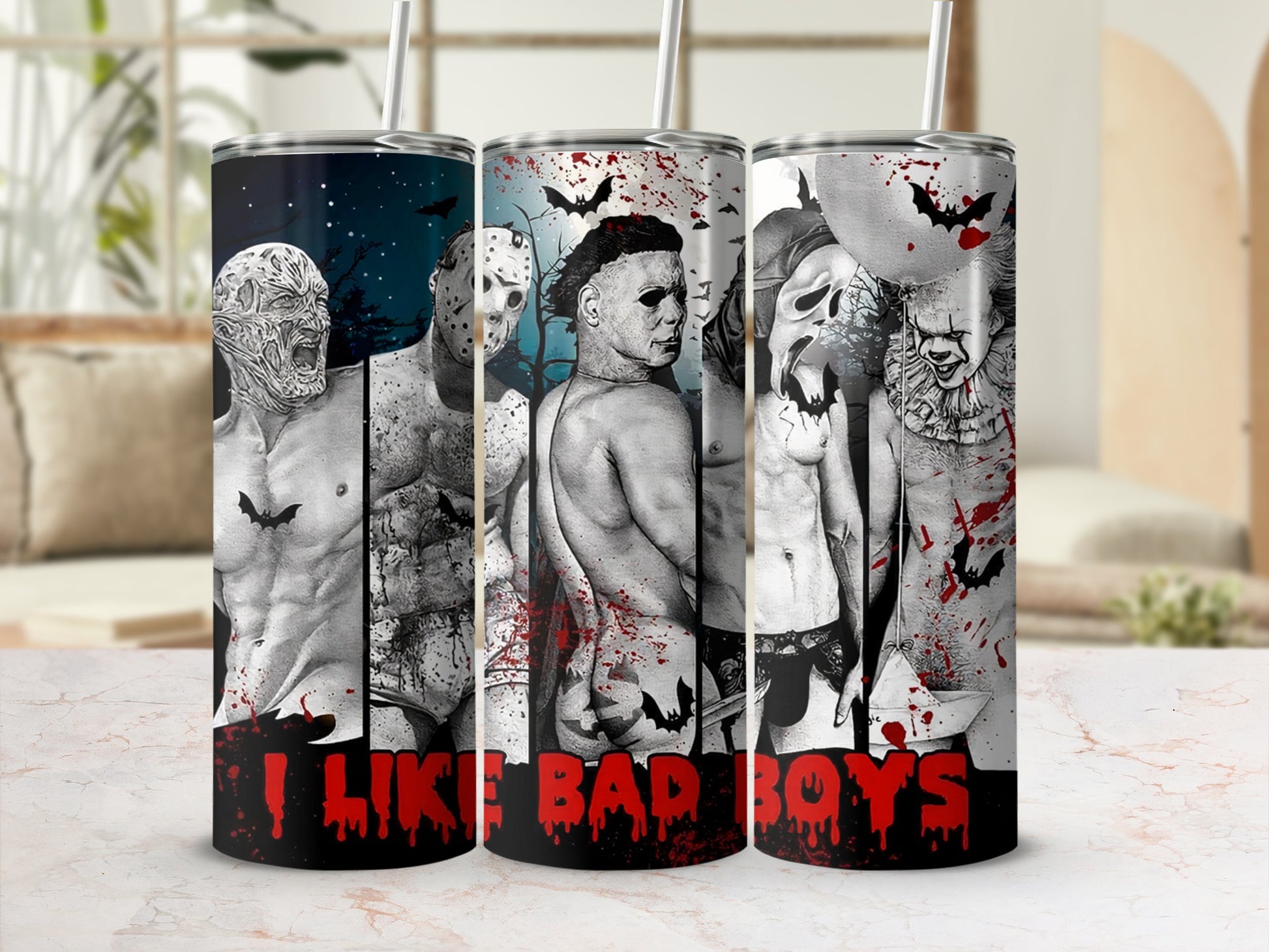 Three horror movie villains on a tumbler that reads "I Like Bad Boys".