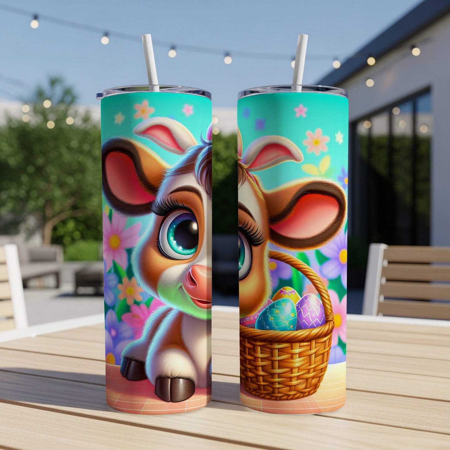 Cartoon calf with Easter basket of painted eggs on a skinny tumbler.