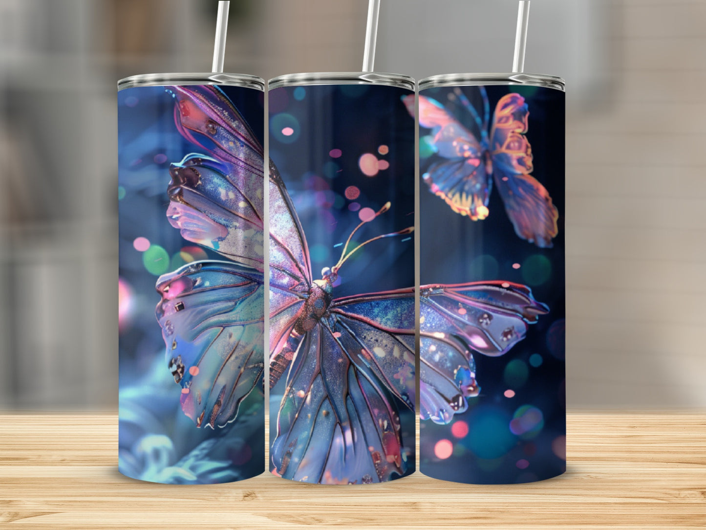 Three tumblers with iridescent butterfly designs, glowing bokeh lights.