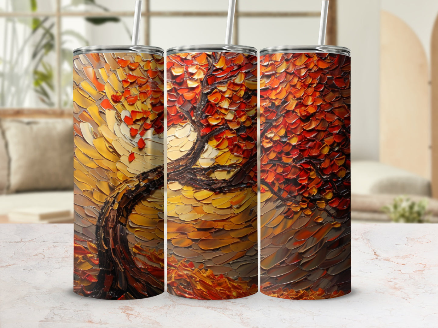 Textured painting of a vibrant autumn tree with red and orange leaves.