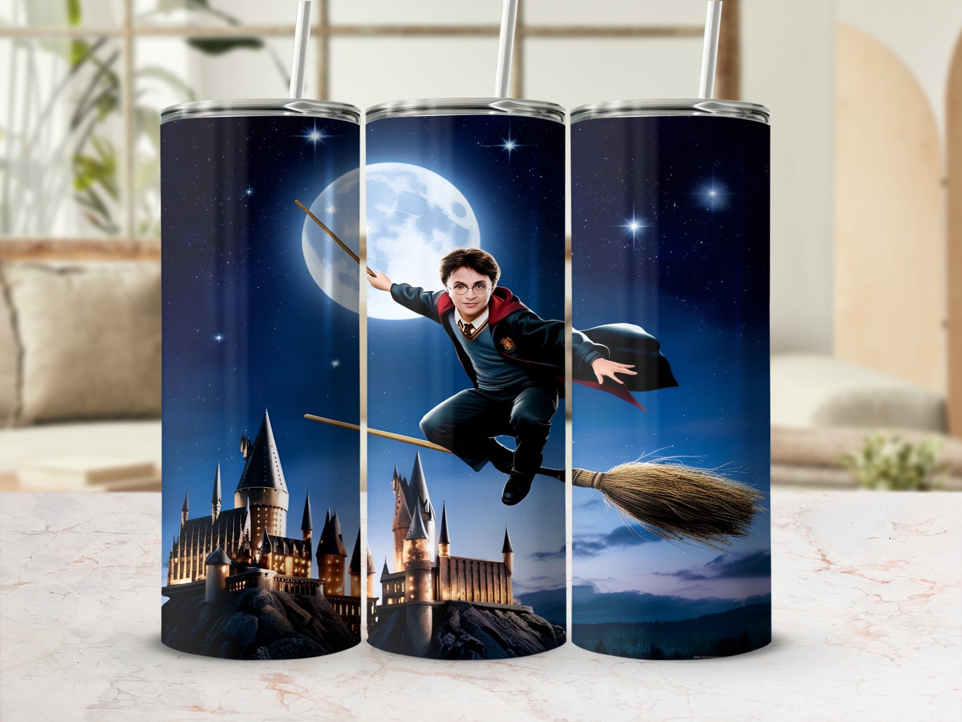 Harry Potter flying on a broomstick past Hogwarts Castle.