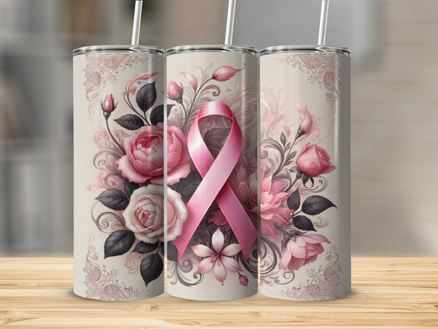 Three tumblers with pink ribbon and floral design.