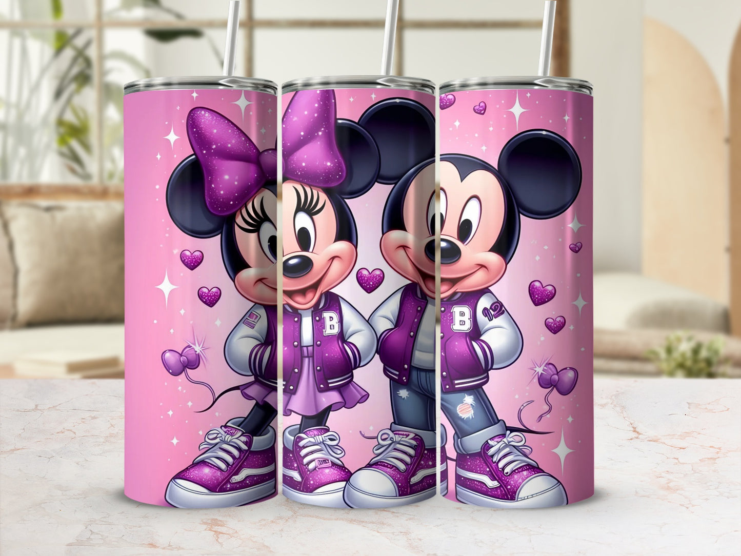 Cute Pink Glittery Mickey and Minnie Mouse Tumbler