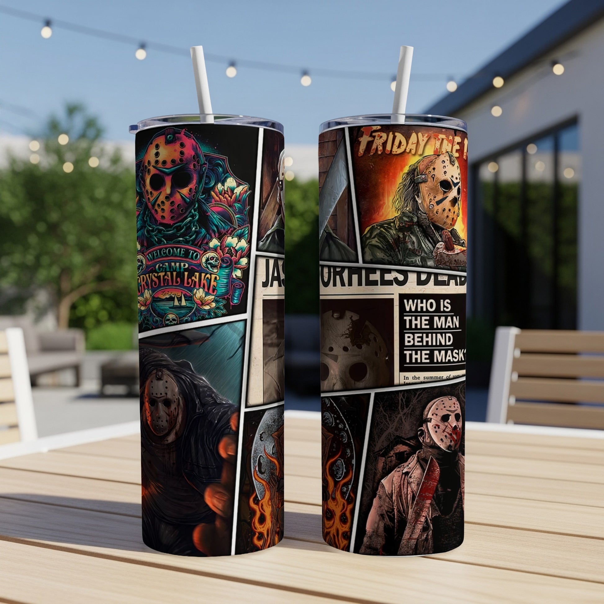 Two tumblers featuring Friday the 13th collage art with Jason Voorhees masks.
