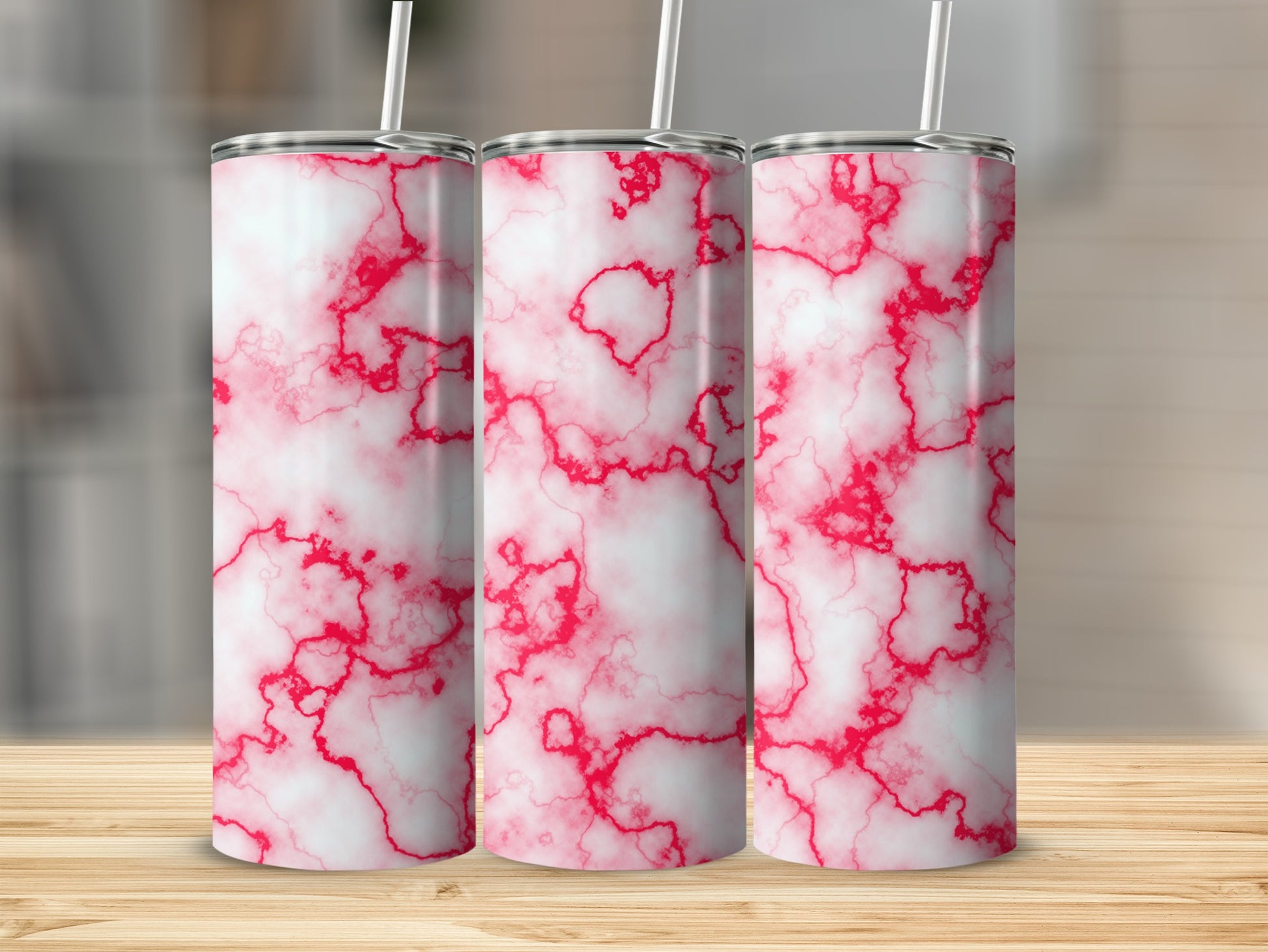 Three tumblers with white and red marble pattern.