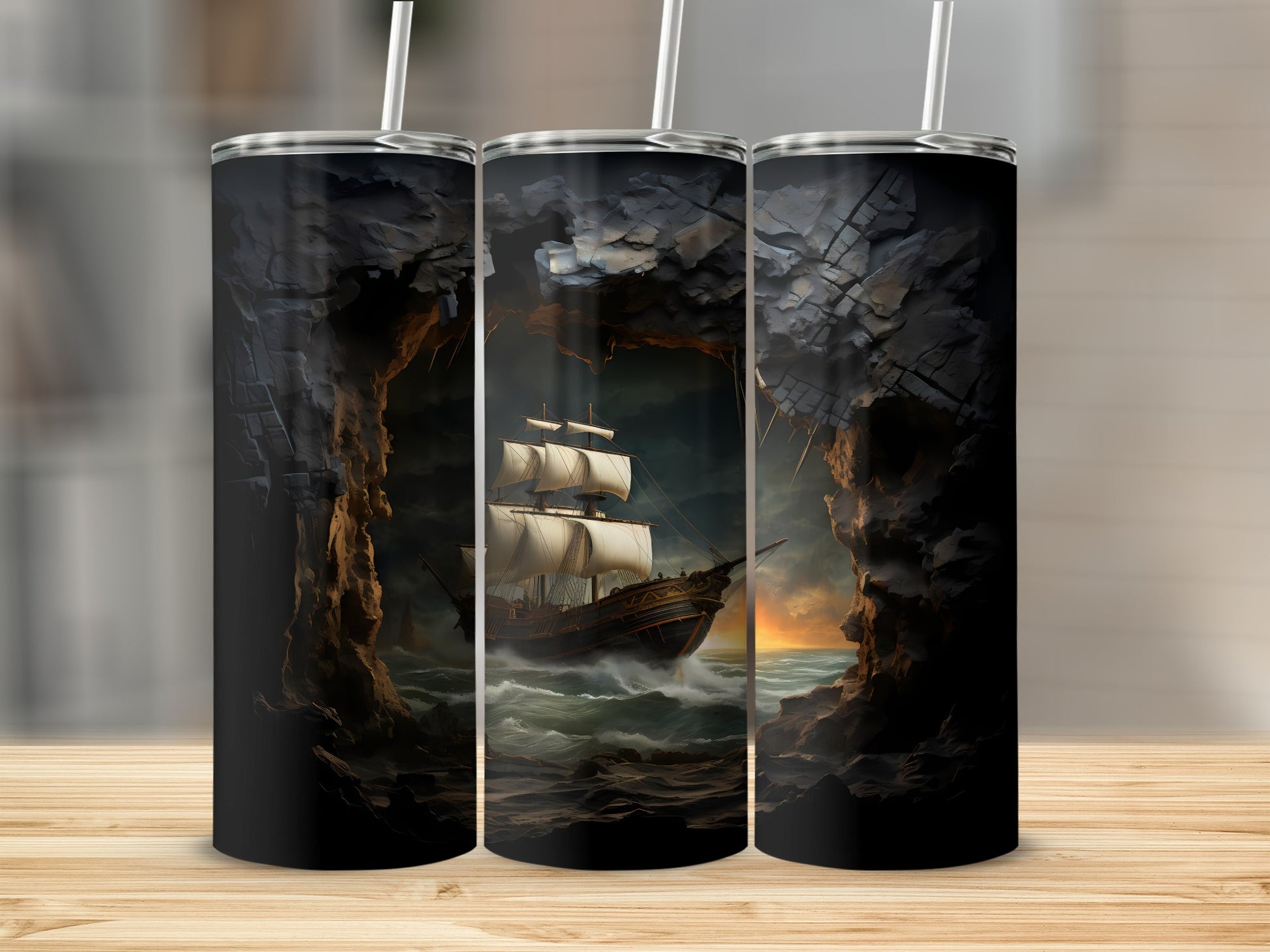 Tall tumbler with sailing ship in a stormy sea scene.