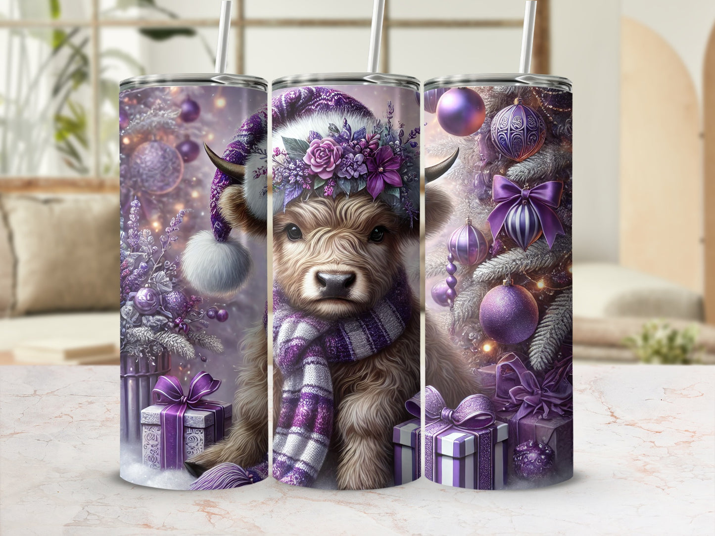 Highland cow wearing a Santa hat and scarf, surrounded by purple ornaments and gifts.