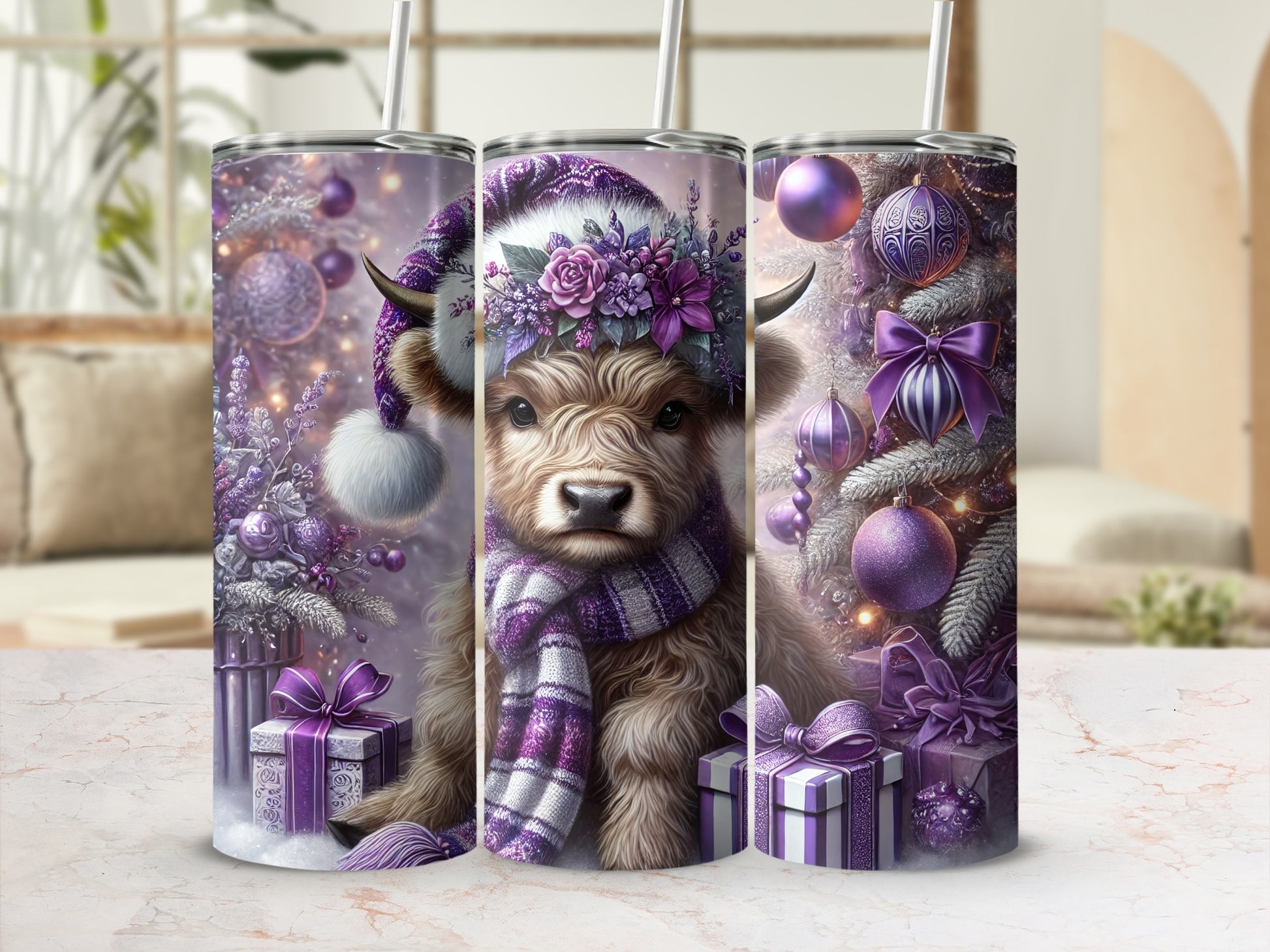 Highland cow wearing a Santa hat and scarf, surrounded by purple ornaments and gifts.
