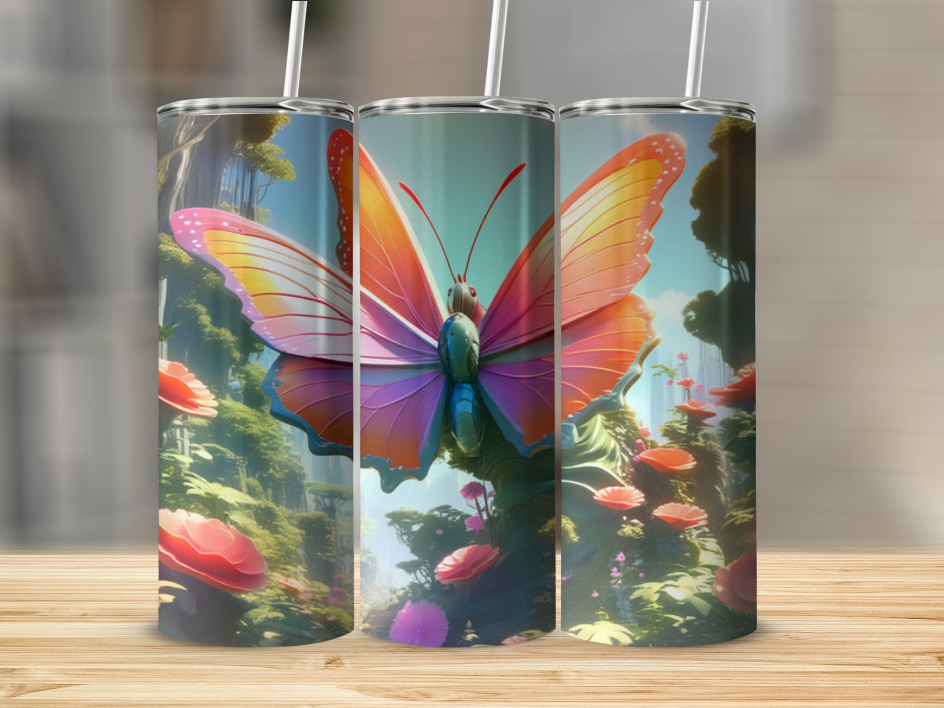 Butterfly and floral design on a set of three tumblers.
