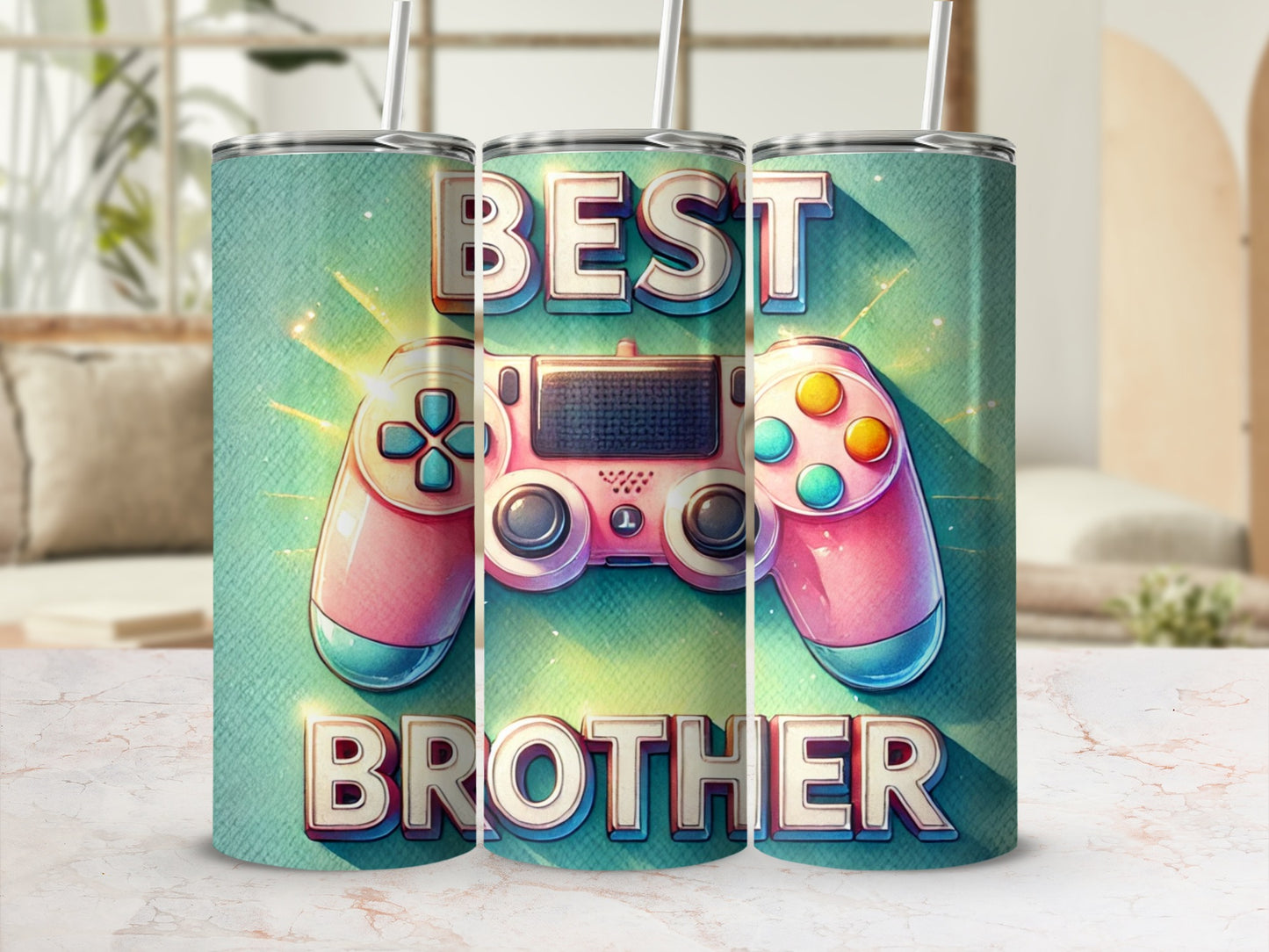 "Best Brother" text with a pink video game controller on a teal background.