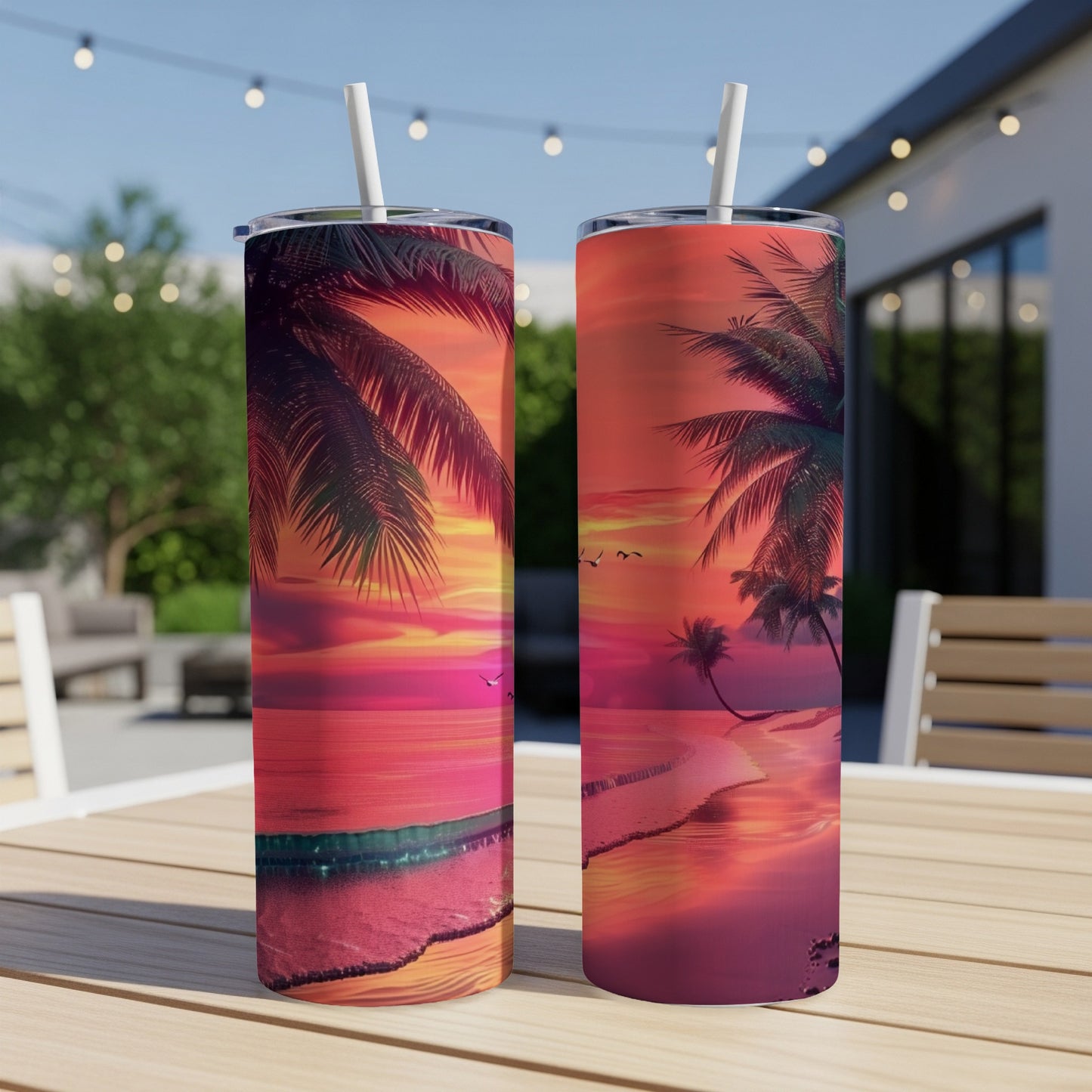Two tumblers with a tropical sunset beach scene.