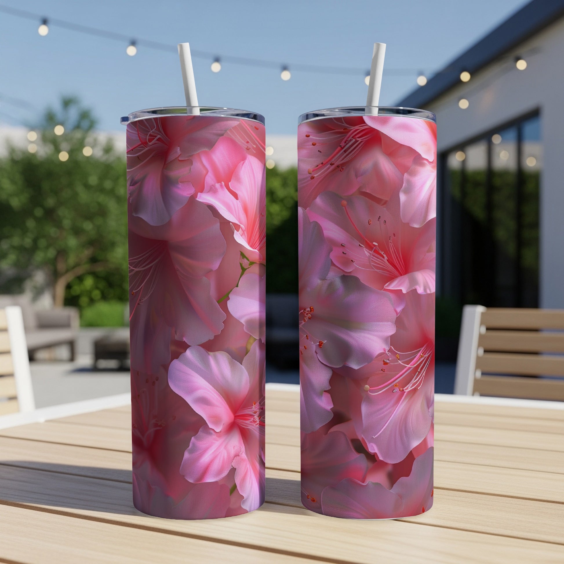 Two pink floral patterned tumblers with straws on a wooden table.