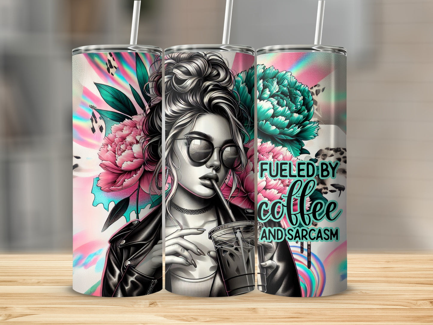 Tumbler with woman, flowers, and text "Fueled by coffee and sarcasm."