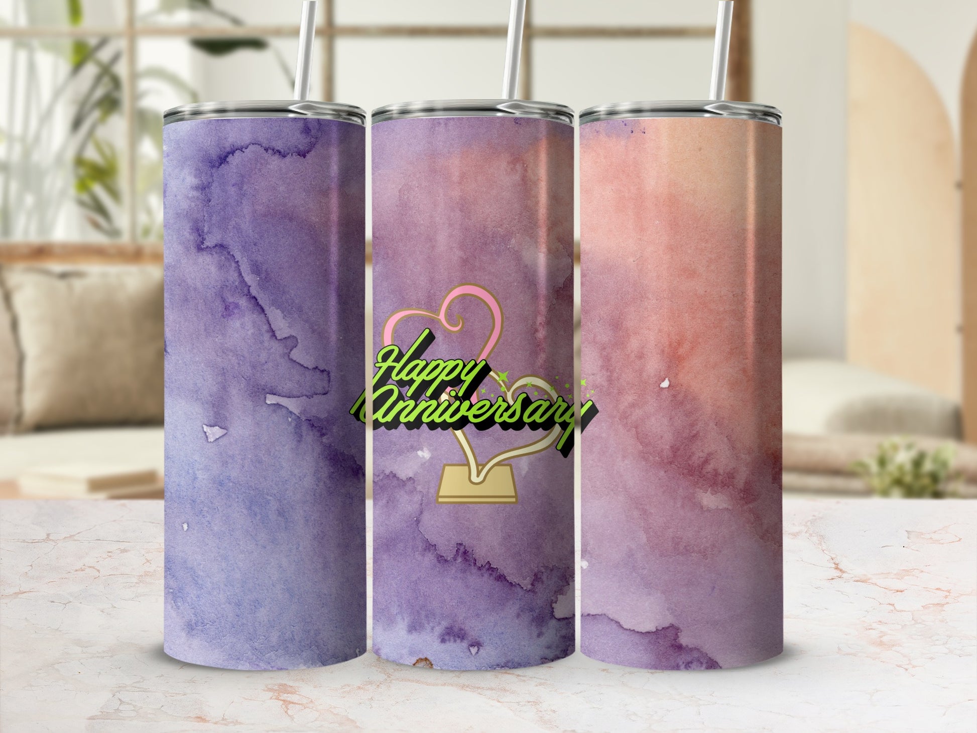 Three tumblers with watercolor designs and "Happy Anniversary" text.