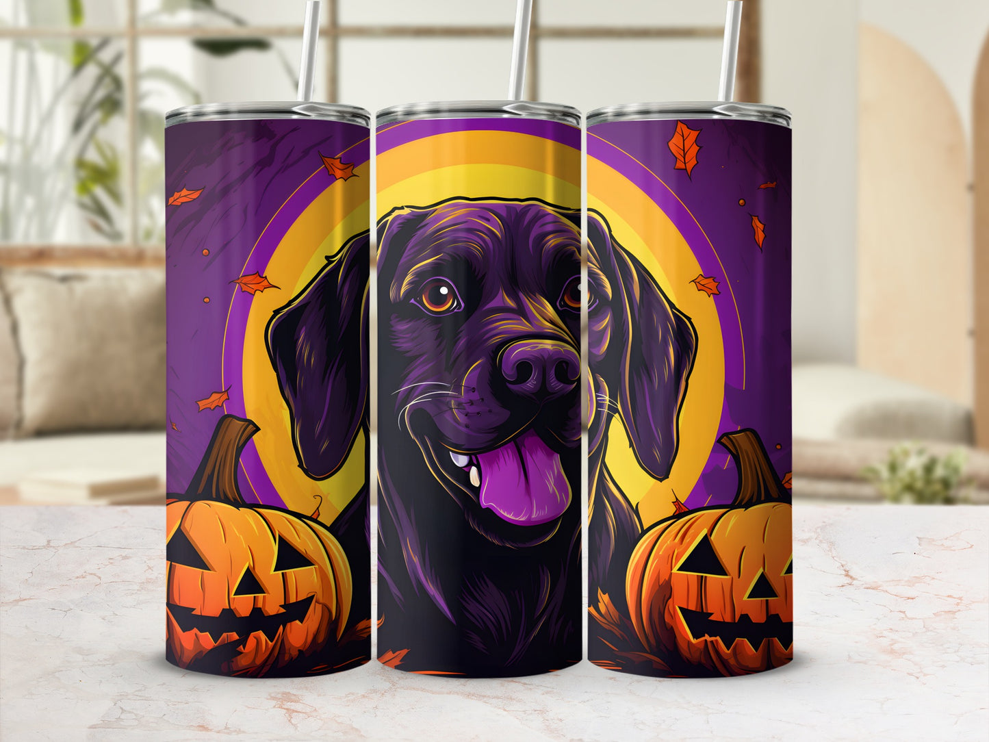 Halloween tumbler with black dog and jack-o'-lanterns on purple background.