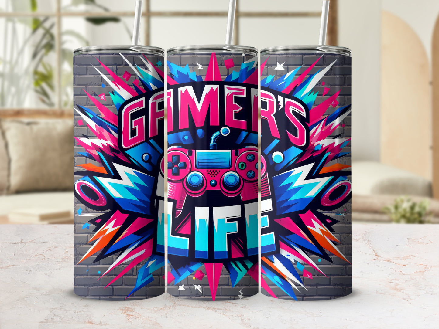 "Gamer's Life" text with video game controller on a brick background.