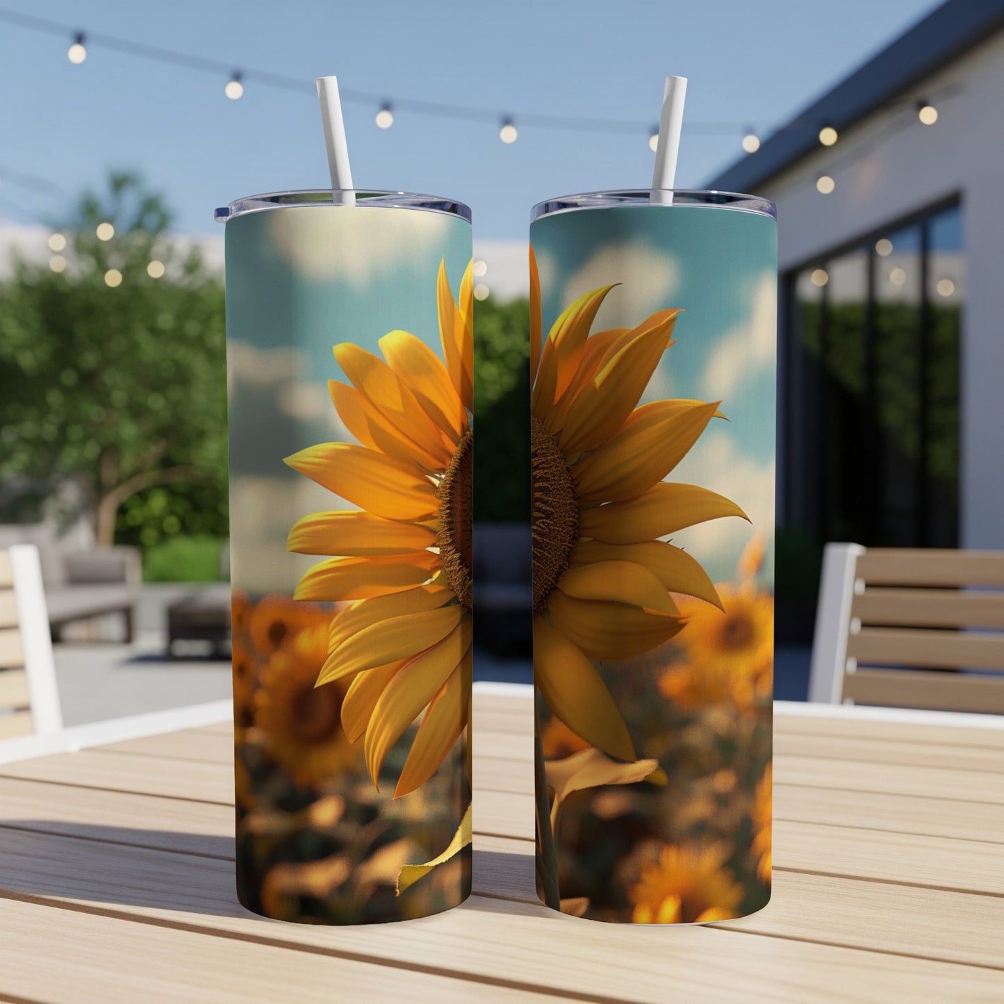 Two tumblers with a sunflower field design sit on a wooden table.