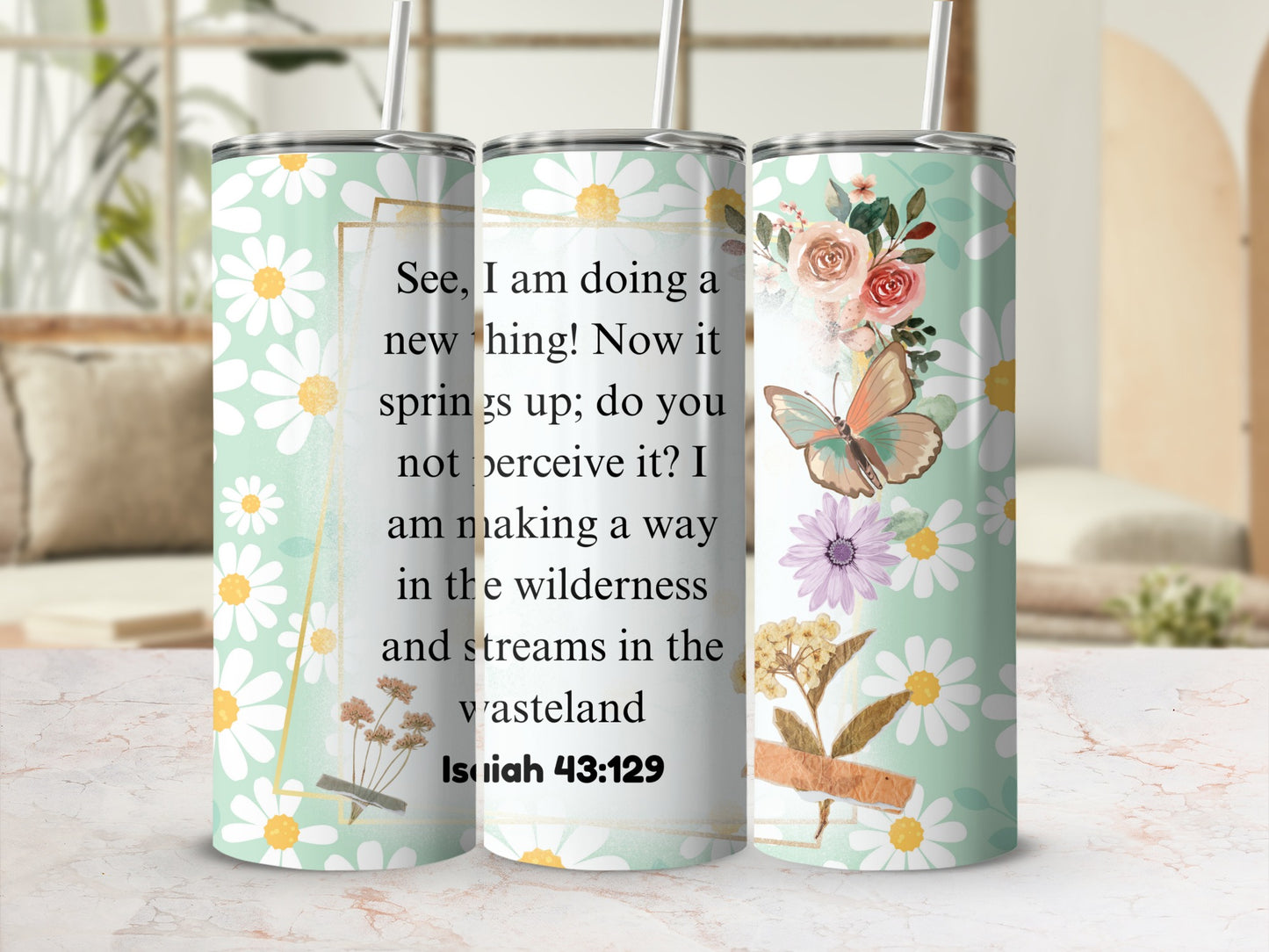Inspirational Daisy and Butterfly Design Travel Tumbler