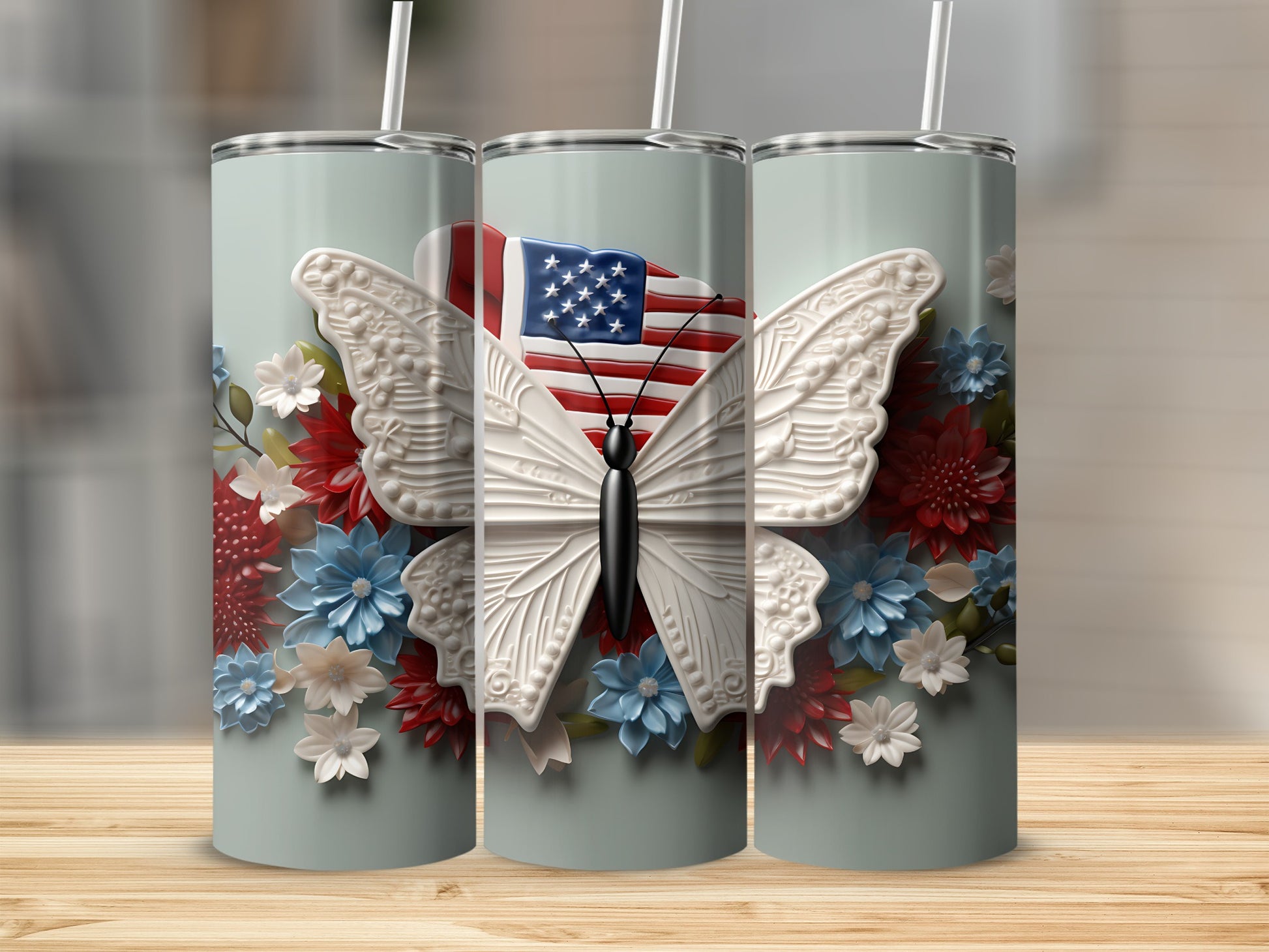 White butterfly with American flag on pastel background, surrounded by flowers.