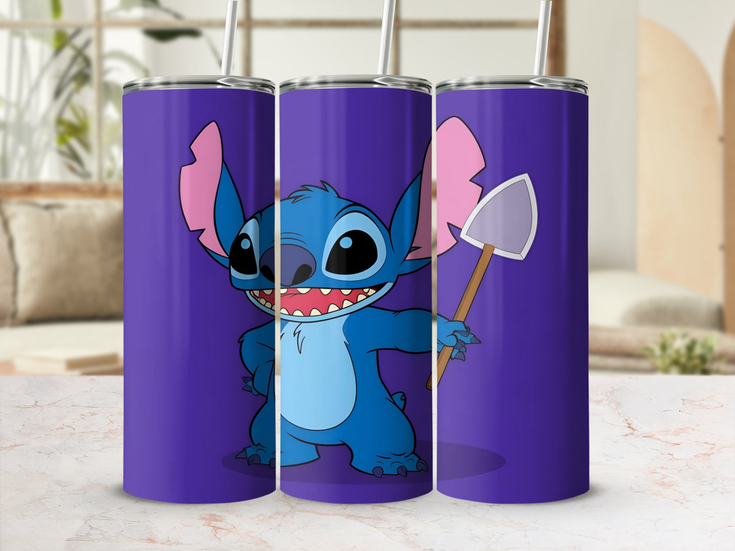 Blue Stitch character holding a shovel on a purple tumbler.