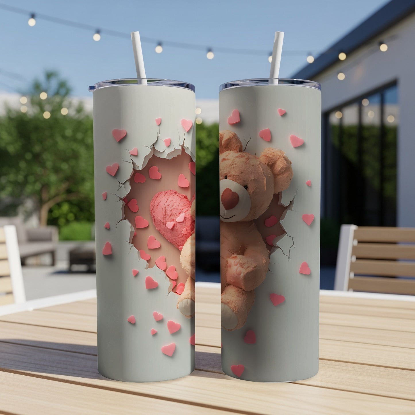 Pink teddy bear and heart on a cracked light gray tumbler.