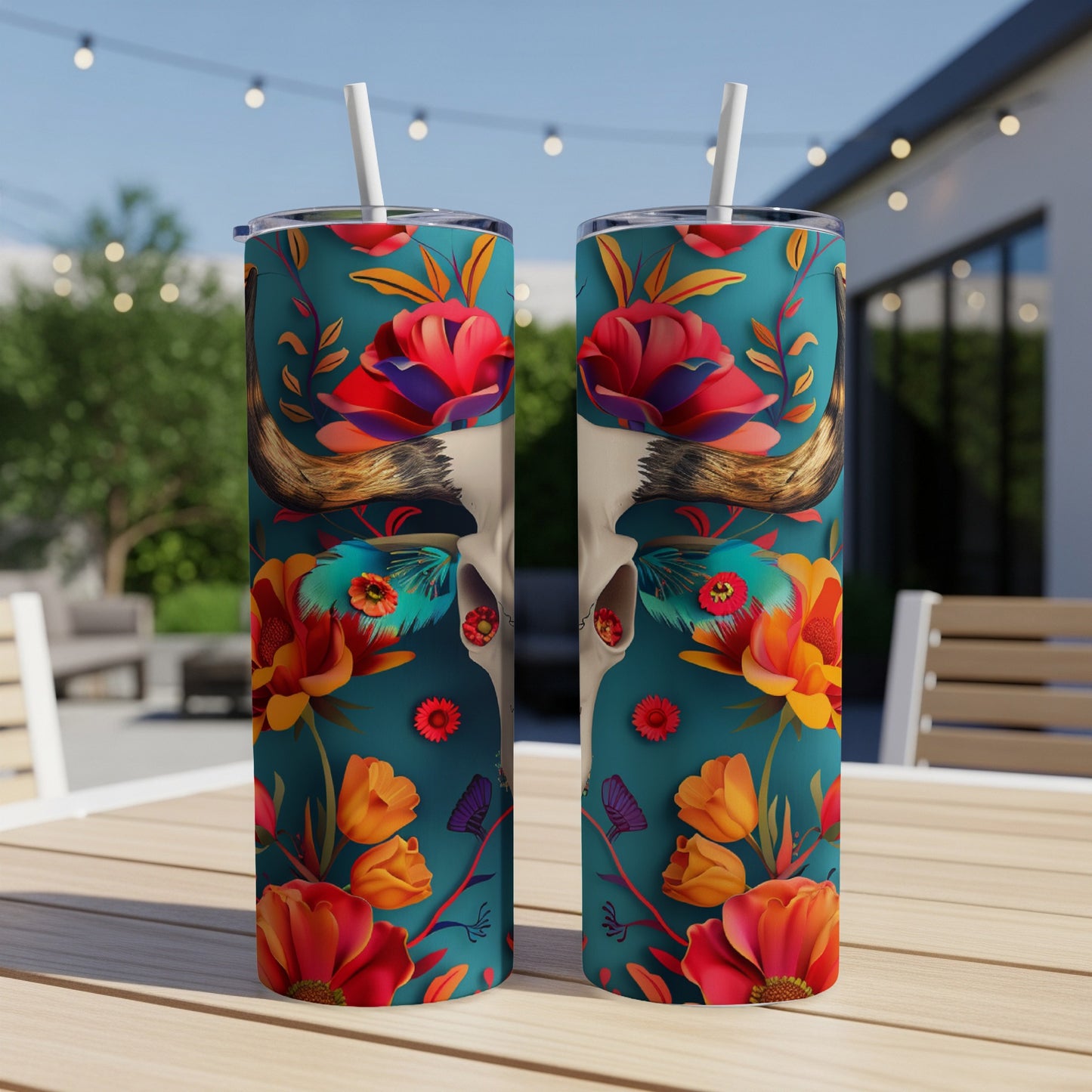 Two tumblers with bull skull and floral designs on a patio table.
