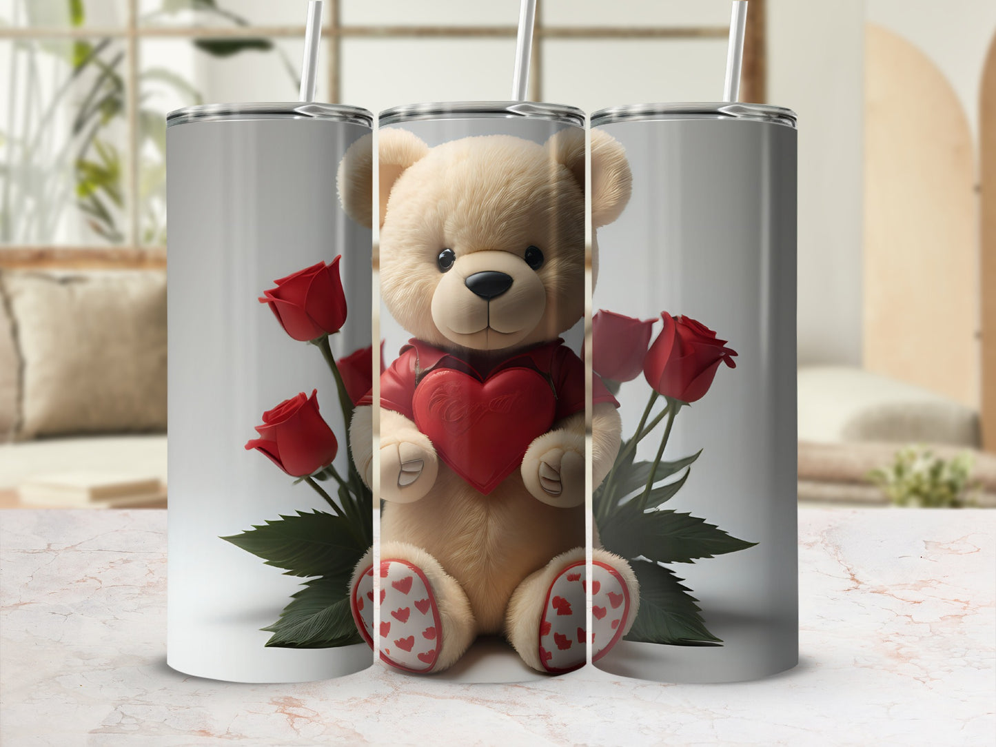 Adorable Teddy Bear with Heart and Roses Tumbler