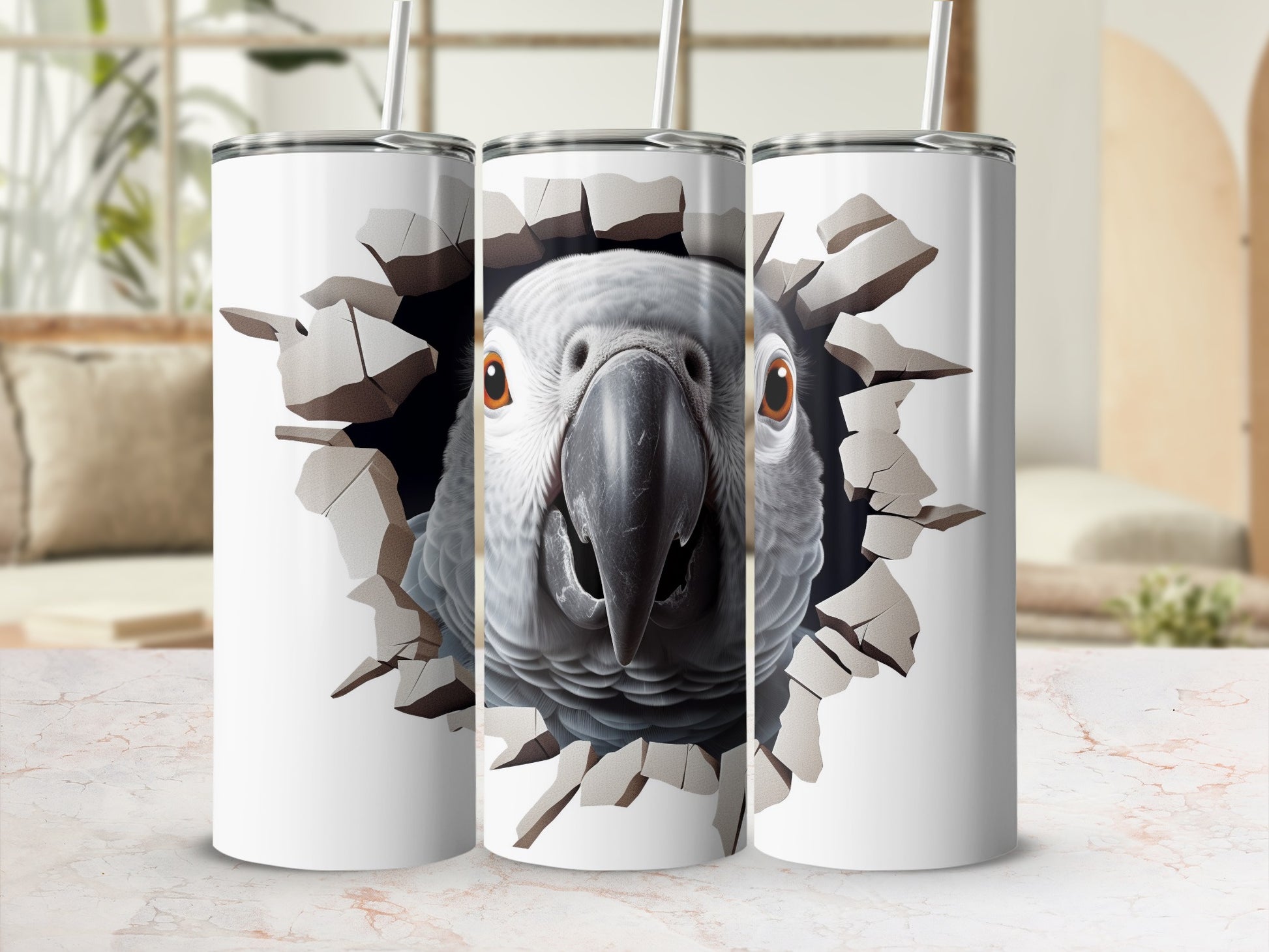 African Grey Parrot breaking wall 3D illusion tumbler product type
African Grey Parrot
Parrot tumbler
Bird design
Breaking wall effect
3D illusion
Animal art
Unique tumbler
Cool design
Grey parrot
Parrot lover gift
Pet bird art
Wildlife tumbler
Tumbler design
Drinkware
Insulated tumbler
Novelty tumbler
Creative design
Parrot head
Wall break
Eye catching