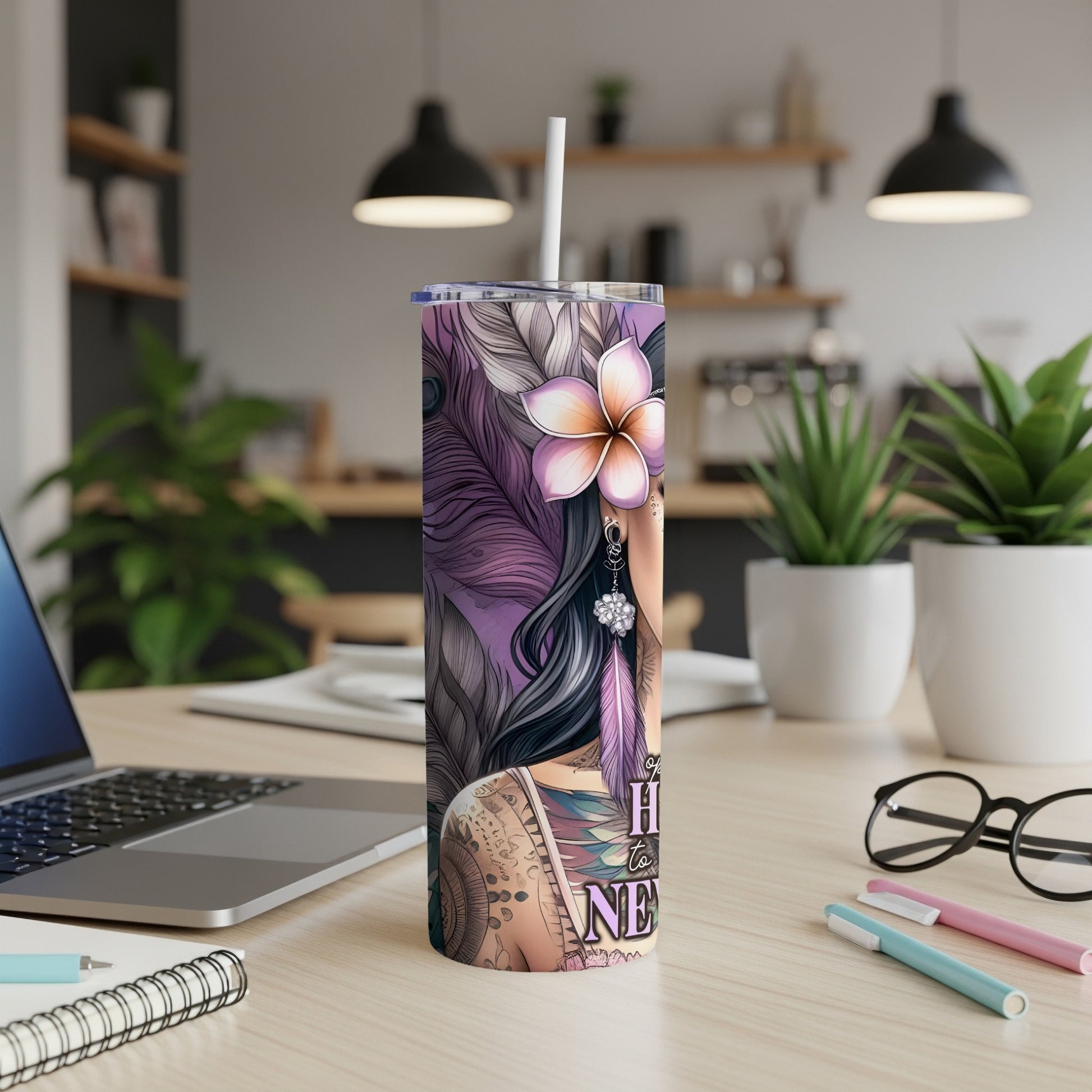 Purple floral tumbler with feather accents and "NEVER GIVE UP" text.