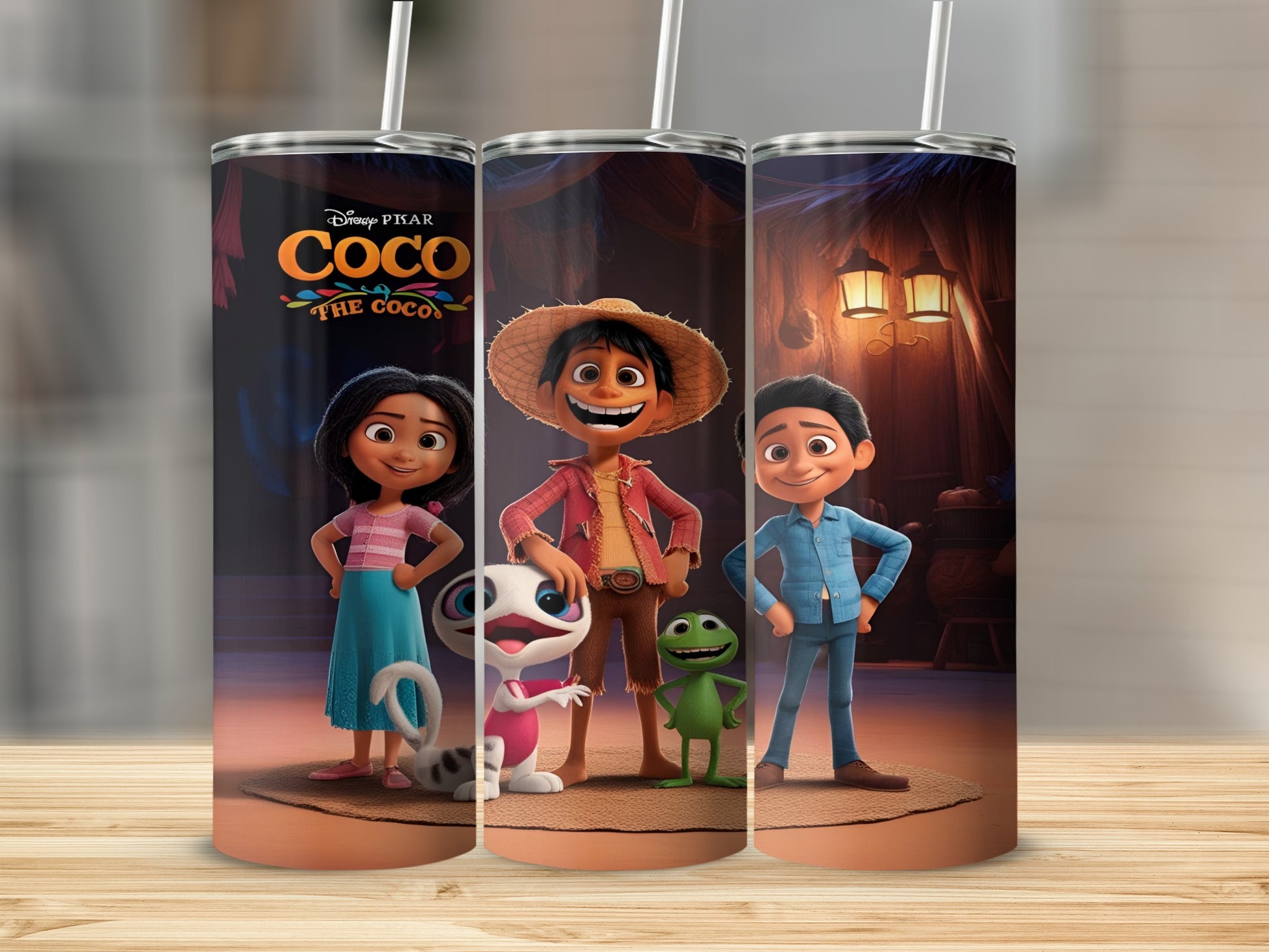 Coco movie characters Miguel, Hector, Mamá Coco, Dante, and Pepita on a tumbler.
